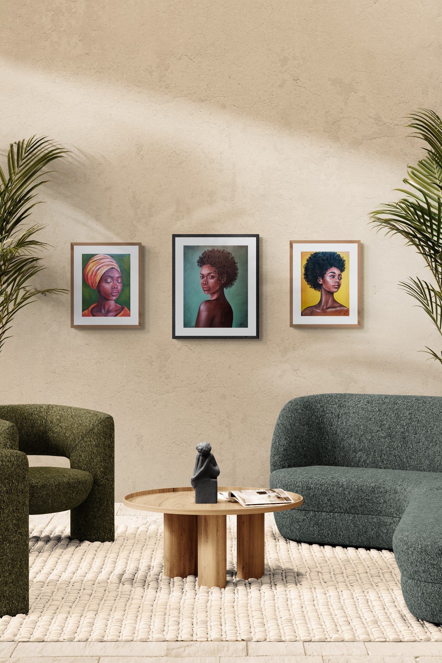 Living room with three framed portraits on a wall, a coffee table, and two armchairs.