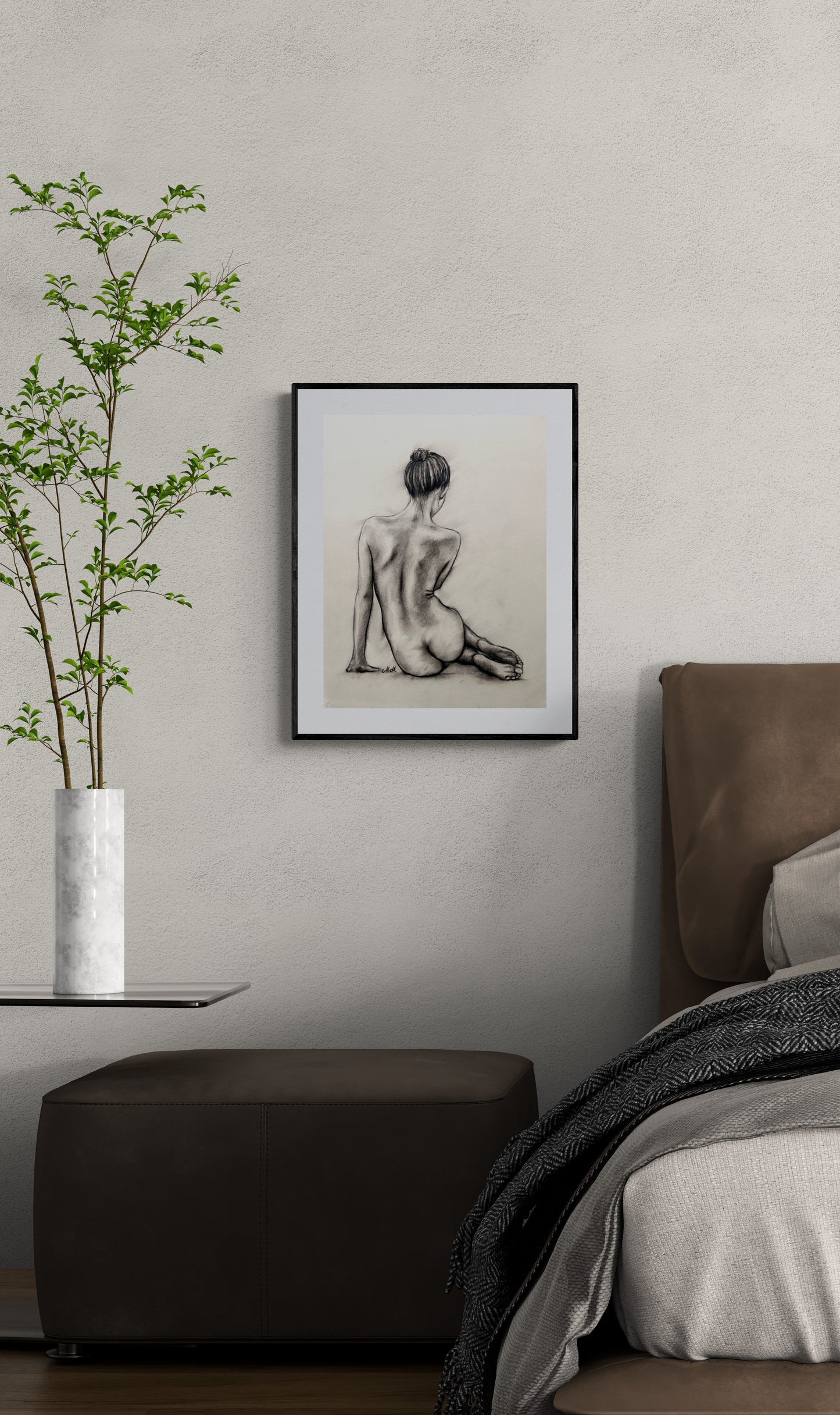Nude Woman Charcoal Drawing – Female Figure
This erotic artwork charcoal drawing is a beautiful blend of sensuality and elegance. The romantic picture captures the female figure in a way that is both intimate and shy, making it the perfect addition to your bedroom wall art or bathroom decor.
Created with charcoal on light beige paper, this piece brings the raw beauty of the human form to life with delicate yet bold strokes.
Size: 35 cm x 46 cm (14" x 18")