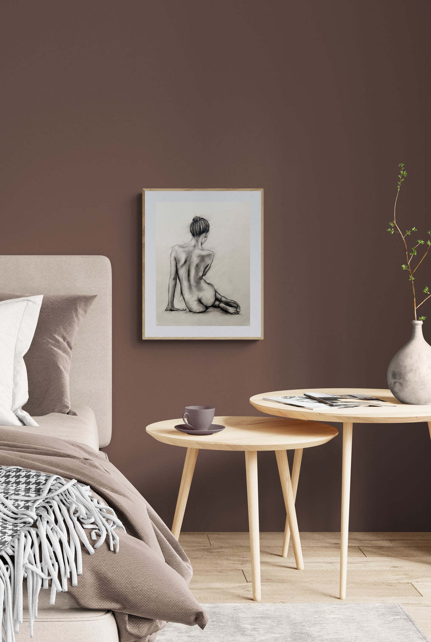 Nude Woman Charcoal Drawing – Female Figure
This erotic artwork charcoal drawing is a beautiful blend of sensuality and elegance. The romantic picture captures the female figure in a way that is both intimate and shy, making it the perfect addition to your bedroom wall art or bathroom decor.
Created with charcoal on light beige paper, this piece brings the raw beauty of the human form to life with delicate yet bold strokes.
Size: 35 cm x 46 cm (14" x 18")