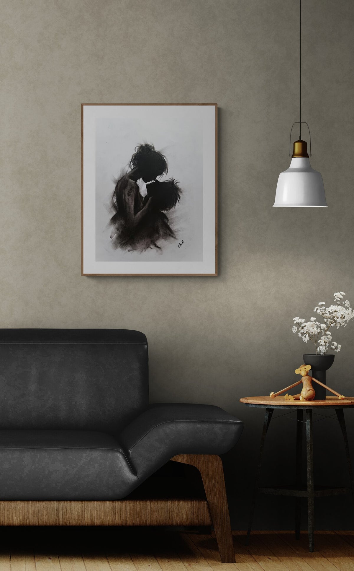 Created with expressive charcoal strokes and delicate contrasts of light and shadow. This romantic drawing beautifully captures a quiet moment of closeness. Its soft, atmospheric style makes it a perfect above-bed artwork or a meaningful gift for couples and lovers.

Size: 30 x 40 cm (12" x 16")