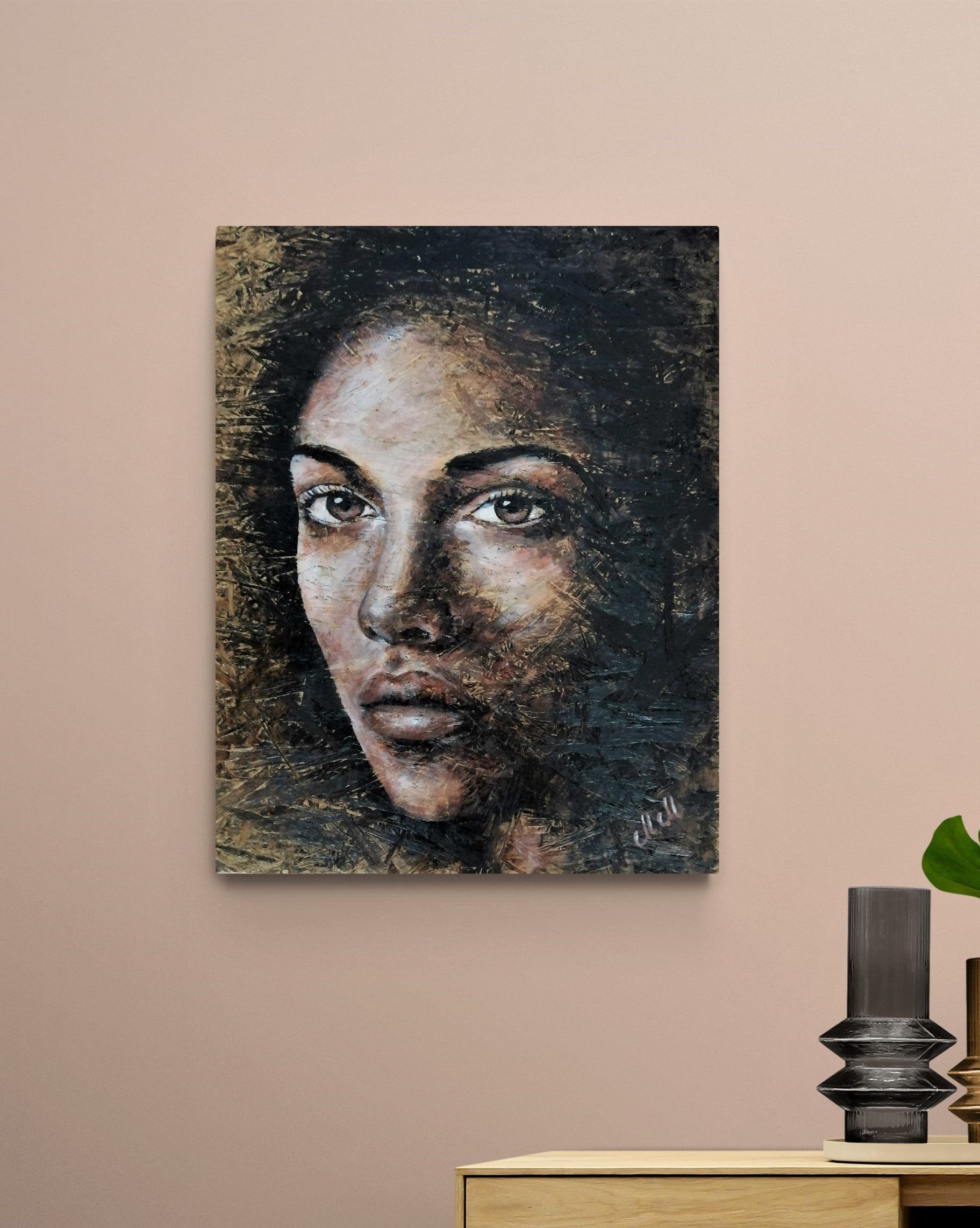 Experience the elegance of a female portrait with this stunning wood wall art.

Textured painting beautifully captures the depth and emotion of a woman's face, blending expressive acrylic strokes with the natural charm of reclaimed wood.

This rustic painting is a true statement piece, adding warmth and character to any modern living room or bedroom wall.

Female portrait Size: &nbsp;49 cm x 60 cm (19" x 24") Ready to hang for effortless display.

