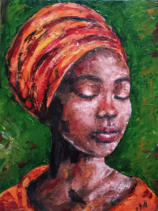 Artistic portrait of a woman with an orange headscarf against a green background