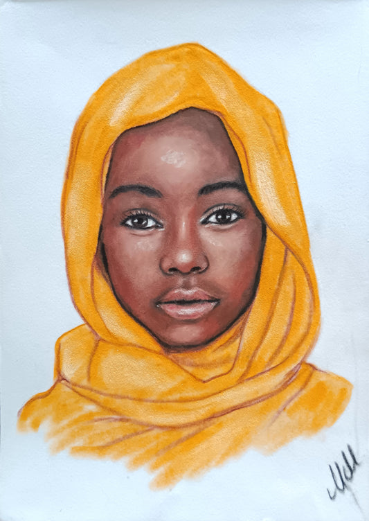 African girl with yellow scarf - original oil pastel portrait