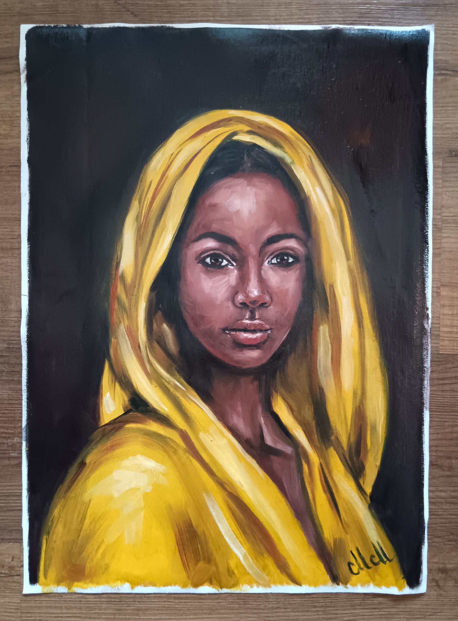 Empowering Afro American Woman Art – Female Portraiture

This American woman is a striking piece of oil portrait painting, celebrating beauty, strength, and cultural heritage.

Created with high-quality, oil colors on canvas, this African female portrait painting is a captivating addition to any space: home gallery, wall art for living room and unique bedroom wall decor.

Size: 35 cm x 48 cm (14" x 19")
Canvas is not stretched.