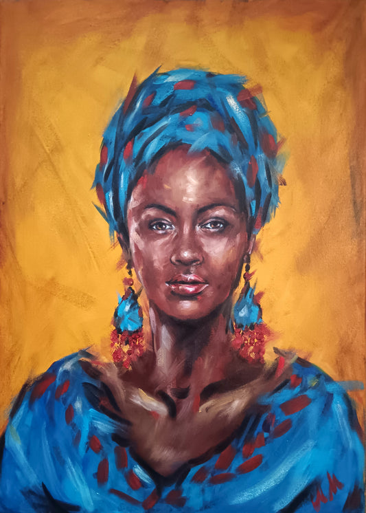 Afro African Female Portrait – Original Oil Painting
A graceful tribute to feminine strength, heritage, and elegance. This captivating oil portrait of an African woman in rich blue tones brings cultural beauty and soulful expression to life. Hand-painted with high-quality oil paints on canvas, the piece features layered textures and luminous color — a true statement for the art lover’s space.