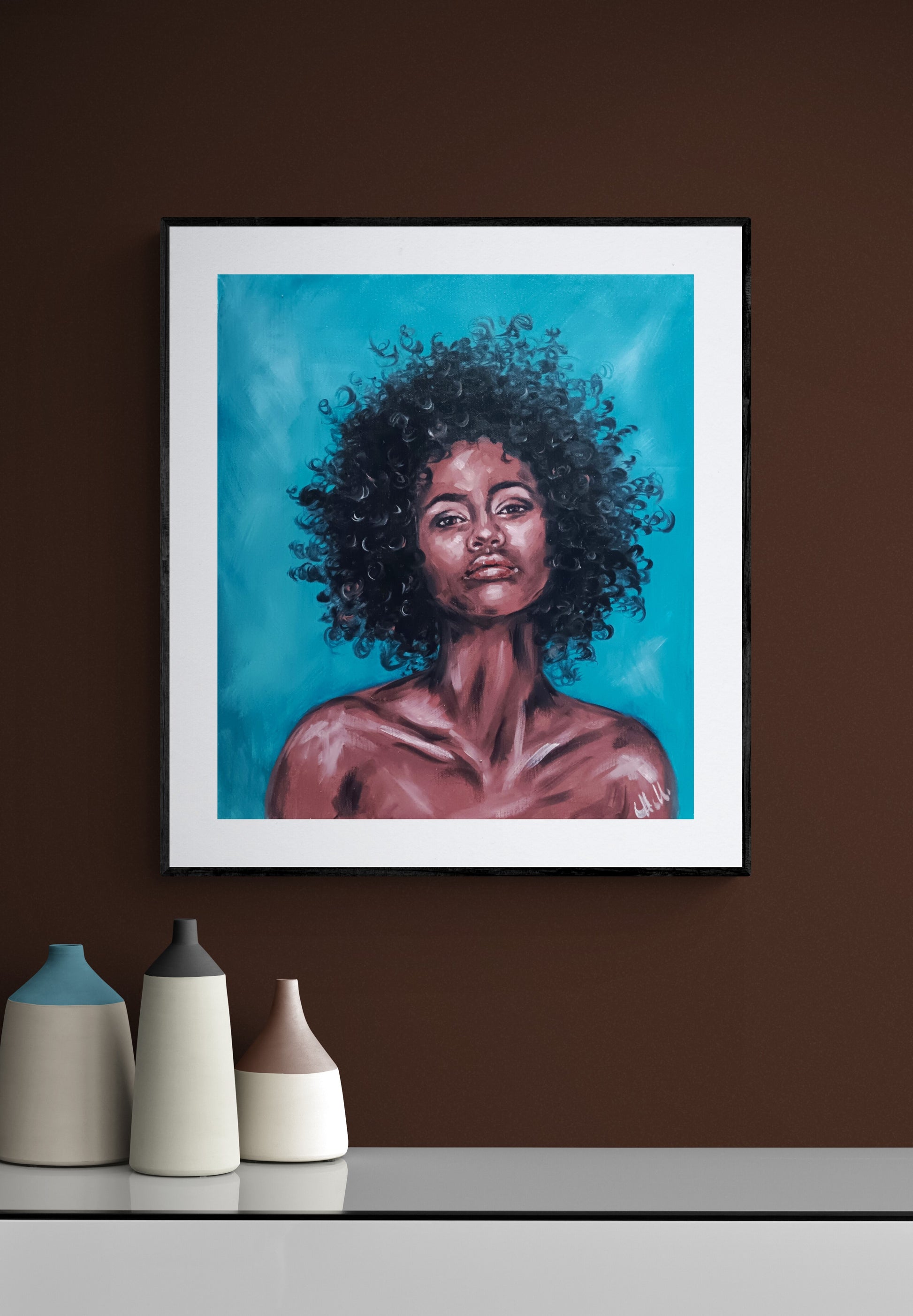 Hand-Painted oil portrait painting – Original Female Portraiture

This hand-painted Afro passion art is a stunning piece of female portraiture, celebrating strength, beauty, and culture.

Created with high-quality&nbsp;oil colors on loose canvas, this African Woman Art&nbsp;is a captivating statement piece.

Size: 35 cm x 40 cm (14" x 16")
Canvas is not stretched.

Perfect  wall art for your house gallery, beautiful livingroom or bedroom decoration.
