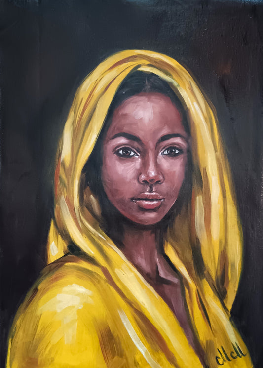 Empowering Afro American Woman Art – Female Portraiture

This American woman is a striking piece of oil portrait painting, celebrating beauty, strength, and cultural heritage.

Created with high-quality, oil colors on canvas, this African female portrait painting is a captivating addition to any space: home gallery, wall art for living room and unique bedroom wall decor.

Size: 35 cm x 48 cm (14" x 19")
Canvas is not stretched.