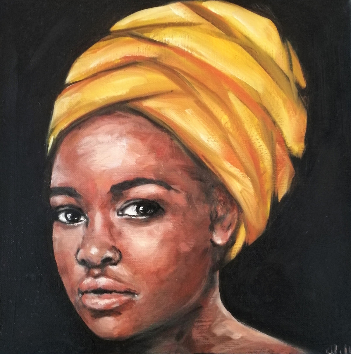 Afro American girl with yellow scarf - original oil painting  
Original hand painted portrait painting on canvas. 