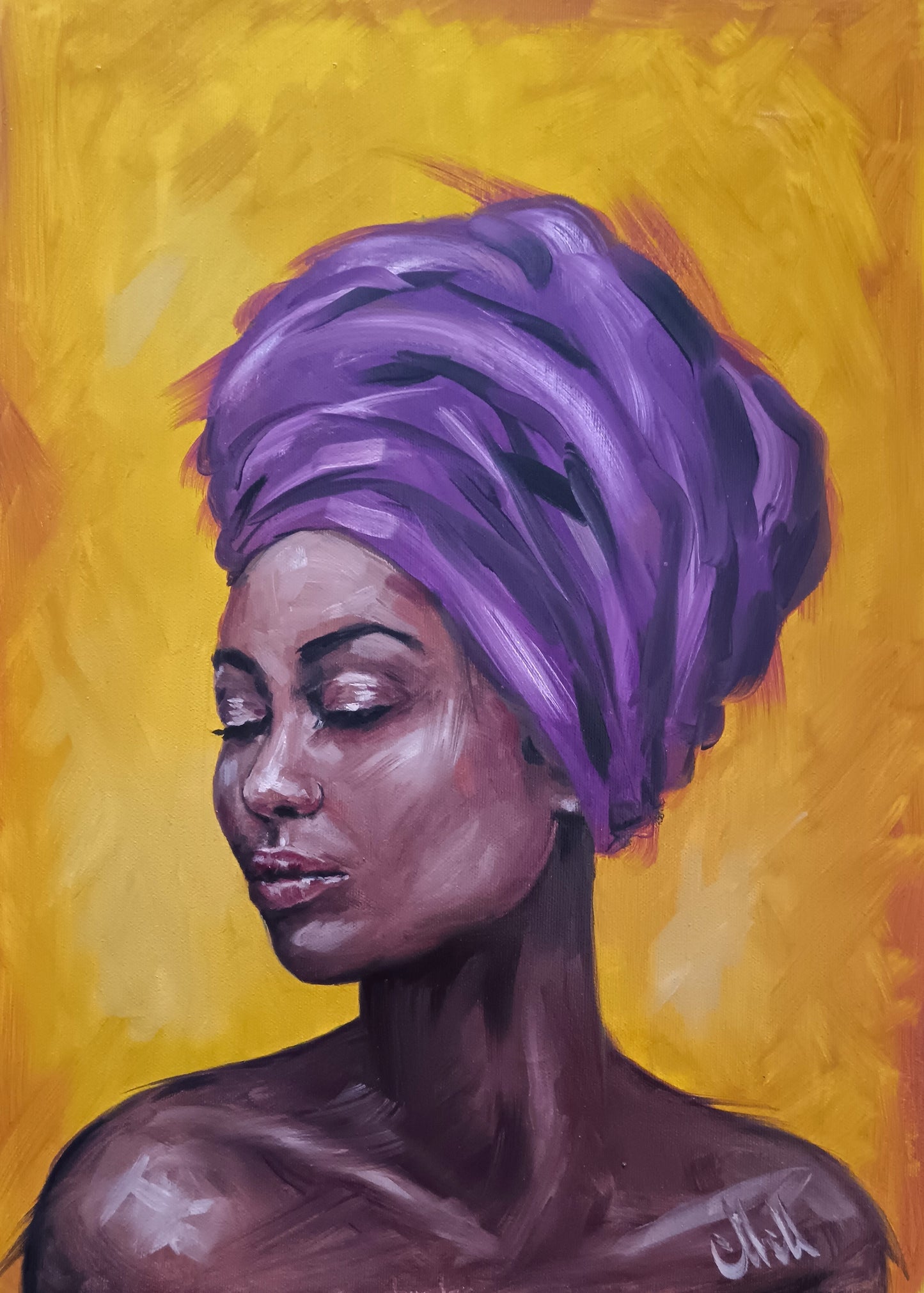 Hand-Painted African Beauty – Original Female Portraiture

This oil portrait painting of African woman is a stunning piece of female portraiture, capturing strength, beauty, and culture.

Created with high-quality oil colors on loose canvas, this Afro-African female figure painting is a timeless addition to any art collection.

Size: 35 cm x 48 cm (14" x 19")