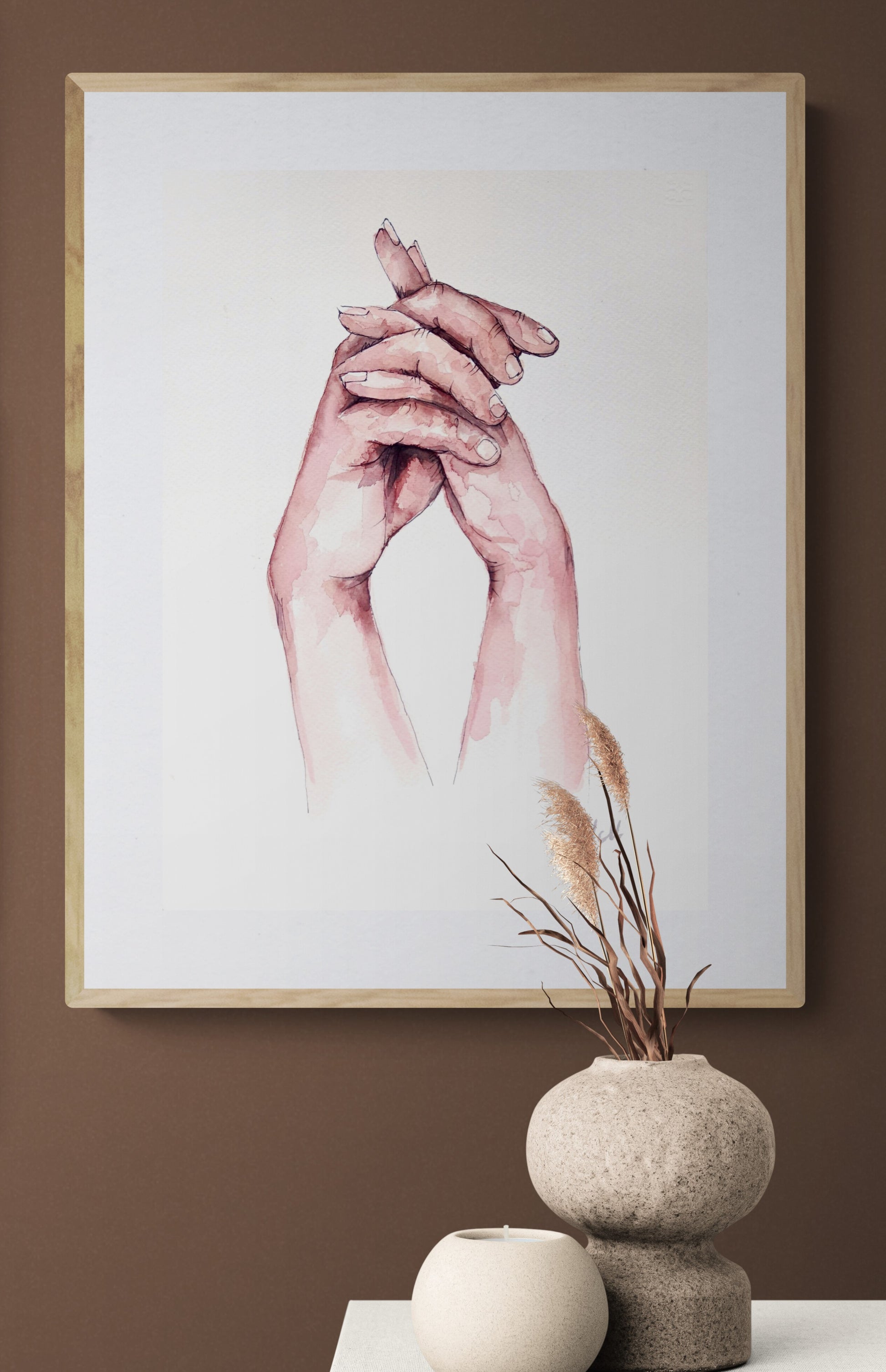 Romantic Hand-in-Hand – Watercolor Artwork

Bring warmth and intimacy to your space with this beautiful watercolor painting of a romantic hand-in-hand moment.

The delicate water drops, ink drawing and natural skin tones create a soft, emotional connection, making it a perfect piece for your home: bedroom painitng, dining room wall decor or bathroom artwork.
Made with high-quality materials, this minimalist yet expressive artwork adds elegance to your bedroom, bathroom and living room.