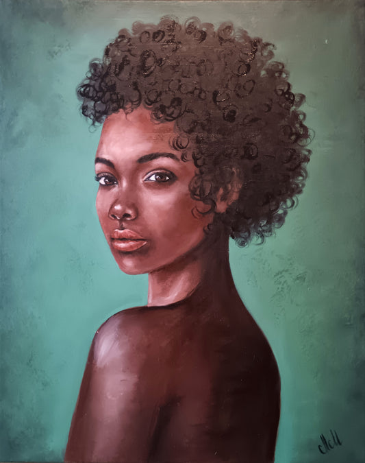 Artistic portrait of a woman with an afro against a textured green background