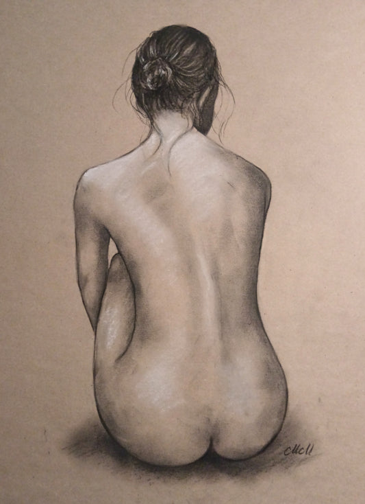 This intimate and elegant charcoal figure drawing captures the delicate balance between sensuality and subtlety. A celebration of feminine beauty, it brings a touch of romance and mystery to any space.