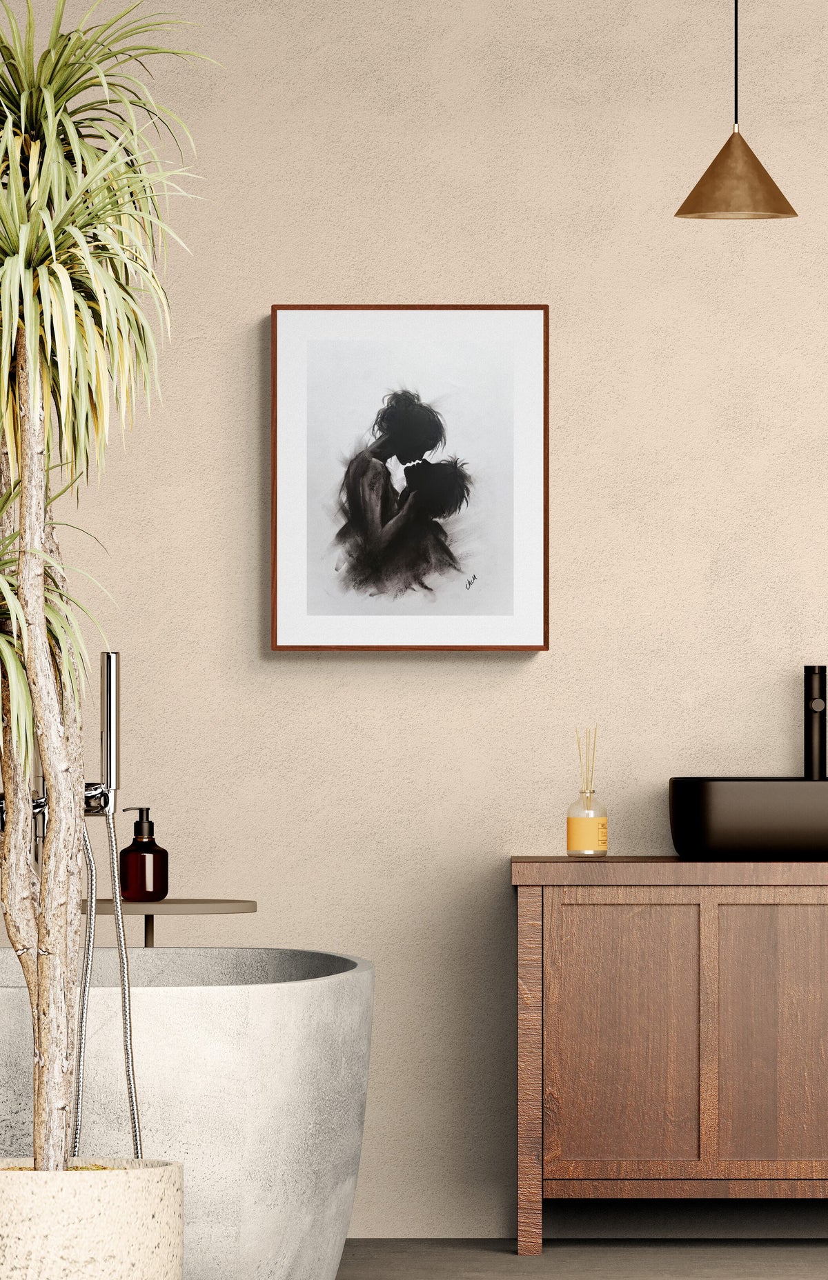 Bathroom painting - original black and white charcoal drawing 
This original charcoal artwork captures the intimate embrace of a couple, expressing love, tenderness and the deep connection between two people.

Created with expressive charcoal strokes and delicate contrasts of light and shadow. This romantic drawing beautifully captures a quiet moment of closeness. Its soft, atmospheric style makes it a perfect above-bed artwork or a meaningful gift for couples and lovers.

Size: 30 x 40 cm (12" x 16")