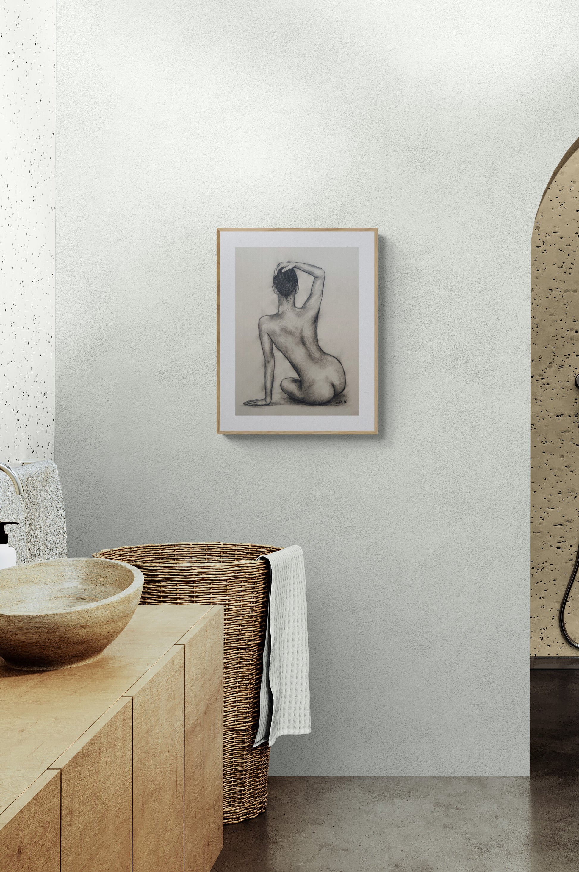 Art
This intimate charcoal drawing of a nude woman captures a quiet moment of vulnerability and allure.
With a perfect balance of elegance and sensuality, the artwork brings a romantic, softly erotic atmosphere to your bathroom, just enough to stir emotion, while remaining gentle and refined.
Drawn in charcoal on light beige paper, the delicate lines and soft shadows celebrate the natural beauty of the female form.