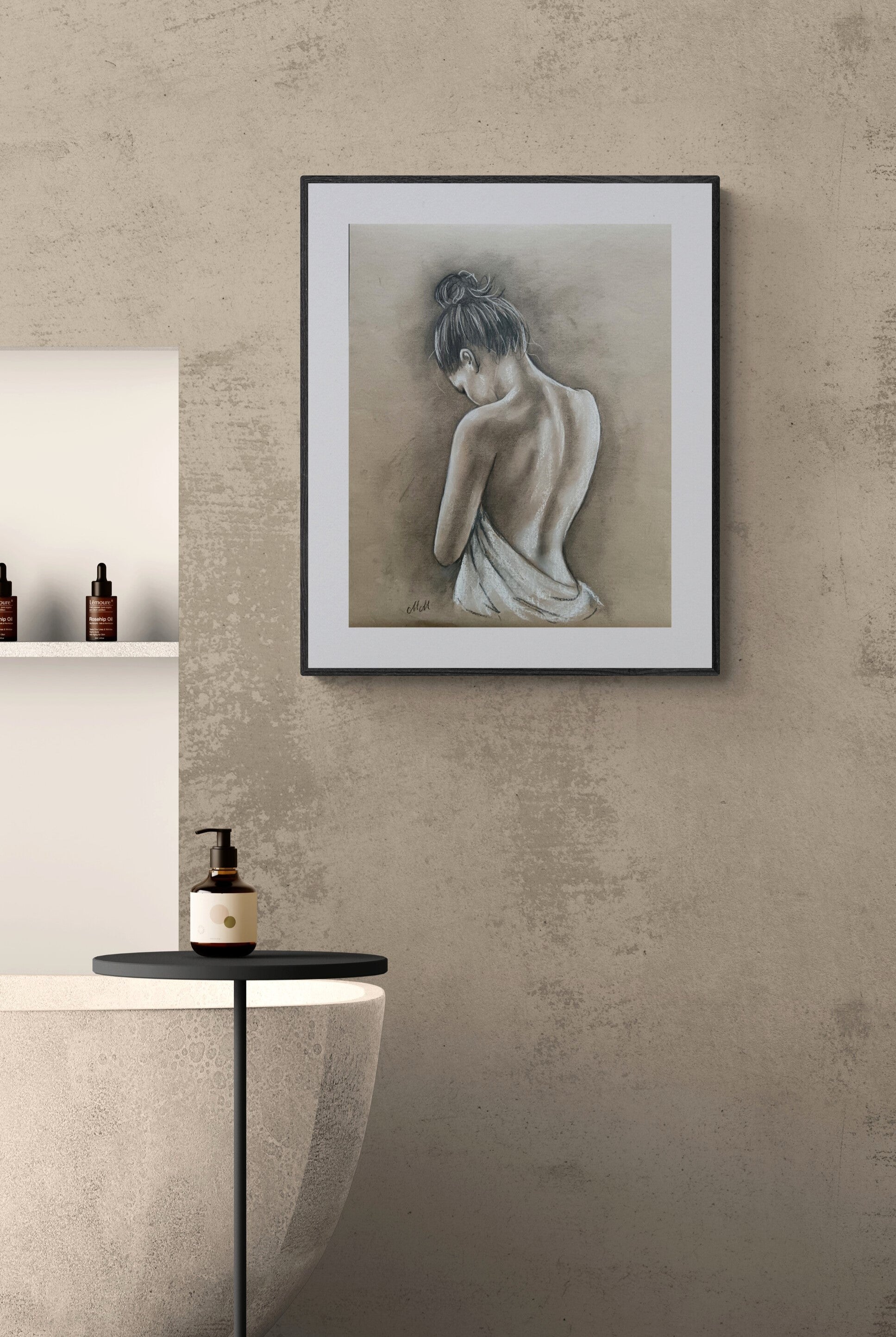 Sensual Charcoal Nude Drawing – Elegant Timeless Figure Art

As an artist, I find beauty in the simplicity of form and the expressive nature of charcoal. This female nude wall art is a delicate yet powerful presentation of femininity.

Shy Beauty is drawn on recycled beige art paper for a vintage, timeless feel.

The soft charcoal strokes emphasize the natural curves of the female form, making this an intimate and captivating artwork.