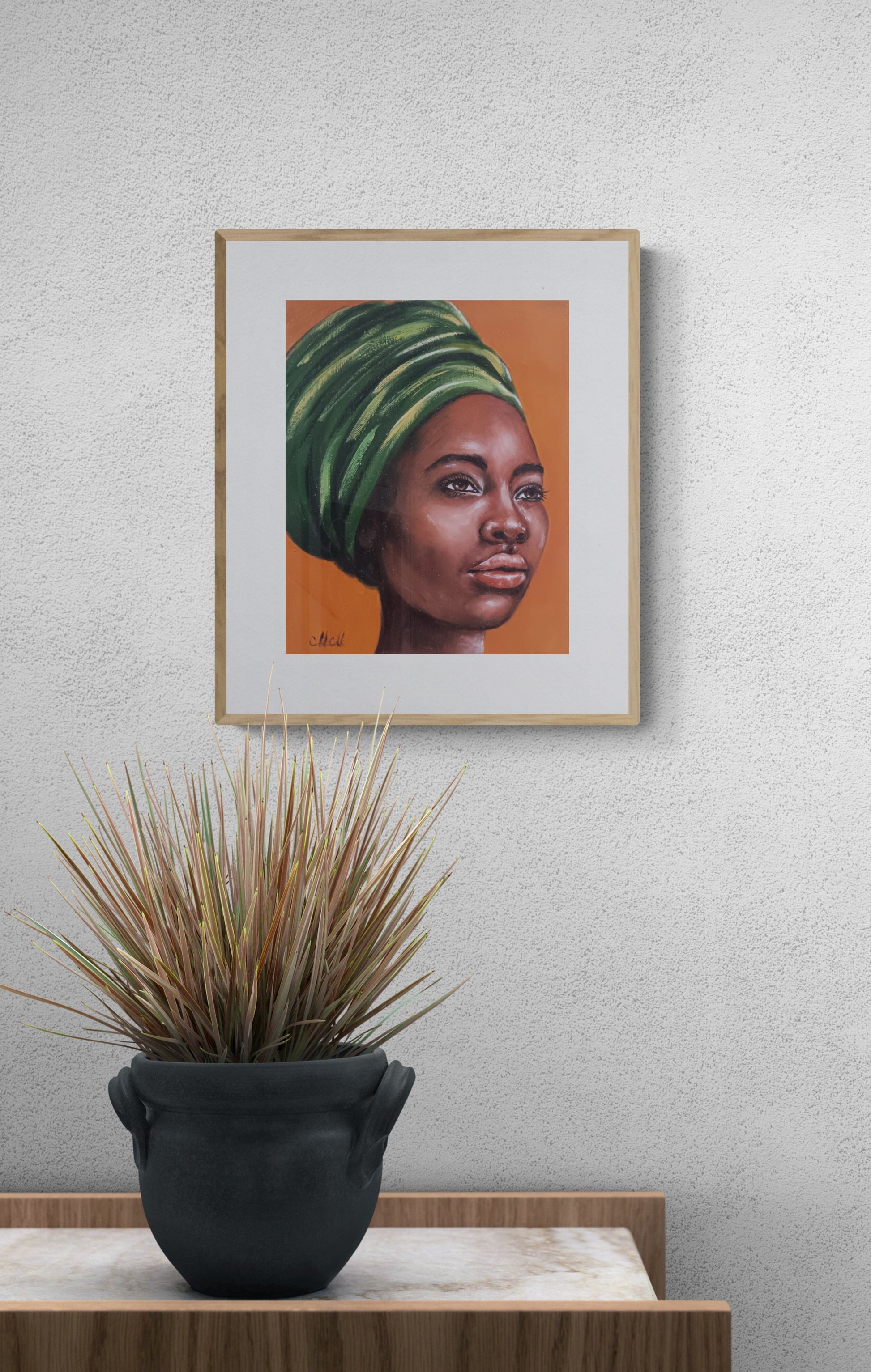 Beautiful african woman with reen scarf - original wall art for your home