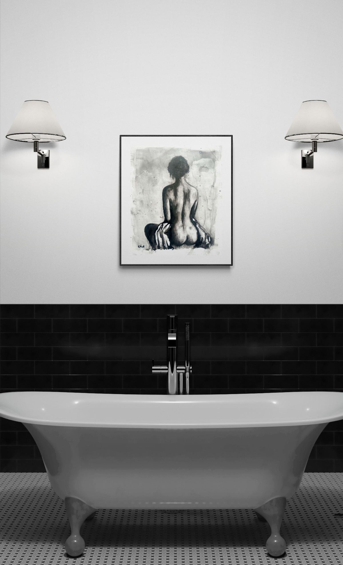 Bathroom wall decor - ink drawing of female figure 