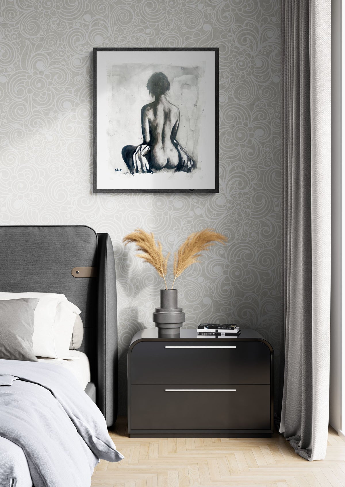 Bedroom wall decor - original female figure ink drawing