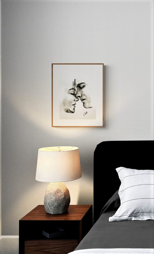 Bedroom wall decoration - romantic ink artwork.
Celebrate the beauty of love through simplicity.
Lovers Kiss is a minimalist ink painting that captures an intimate moment - two souls meeting in a timeless embrace. With just water and a touch of black pigment, the piece reveals how little it takes to express everything.