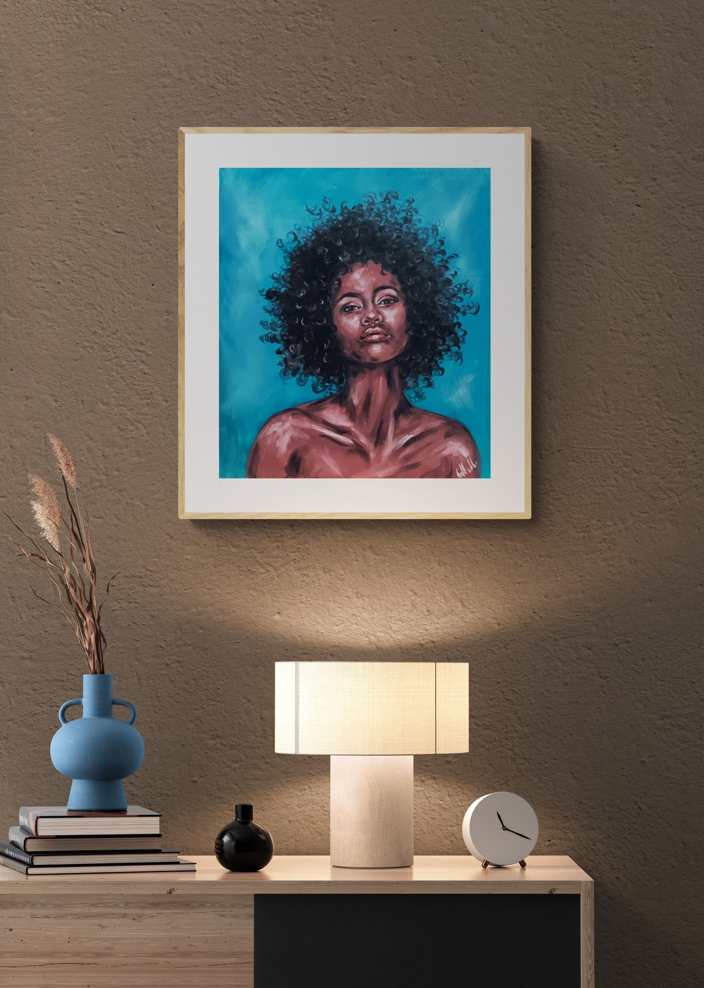 Hand-Painted oil portrait painting – Original Female Portraiture

This hand-painted Afro passion art is a stunning piece of female portraiture, celebrating strength, beauty, and culture.

Created with high-quality&nbsp;oil colors on loose canvas, this African Woman Art&nbsp;is a captivating statement piece.

Size: 35 cm x 40 cm (14" x 16")
Canvas is not stretched.

Perfect  wall art for your house gallery, beautiful livingroom or bedroom decoration.