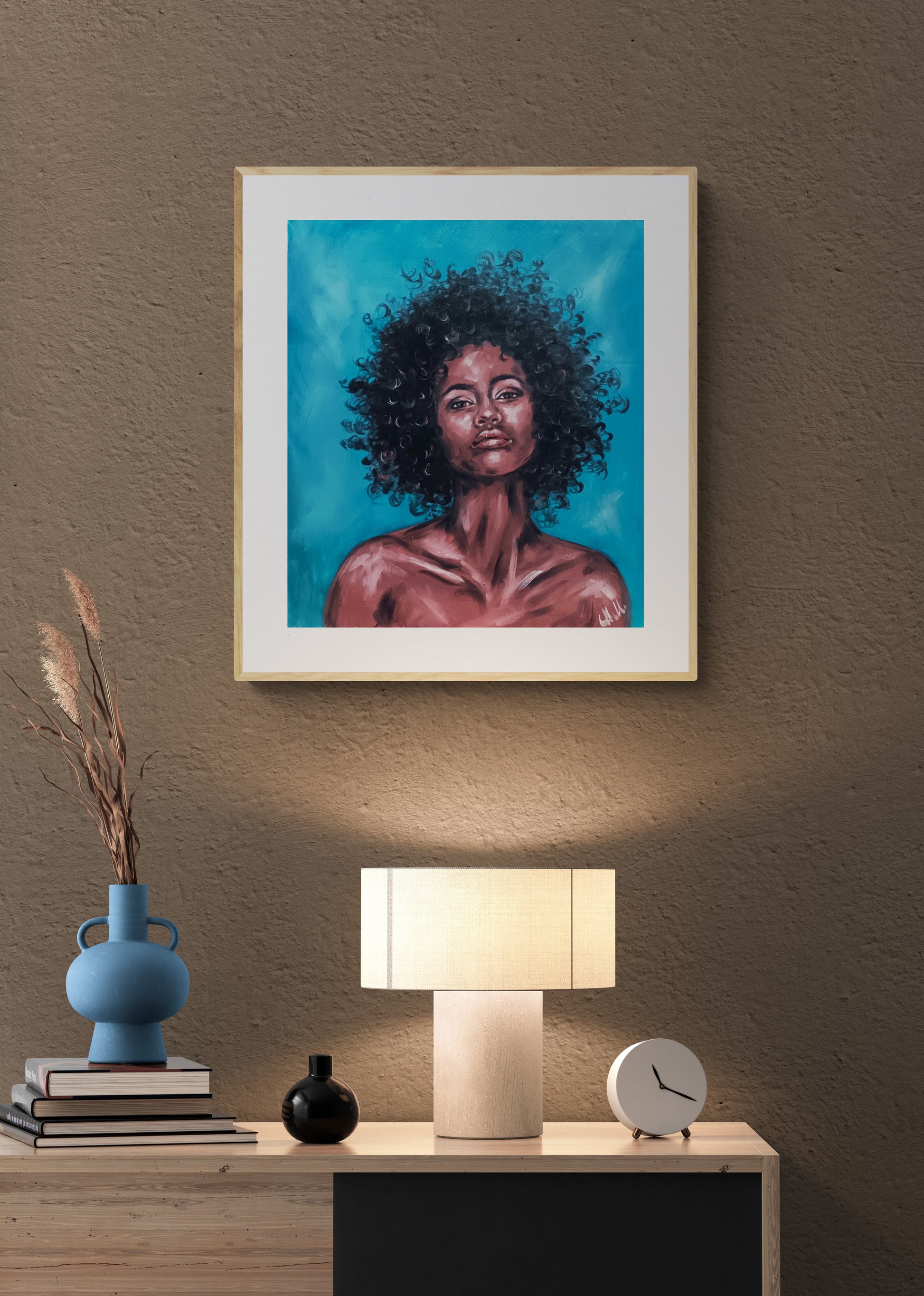 Hand-Painted oil portrait painting – Original Female Portraiture

This hand-painted Afro passion art is a stunning piece of female portraiture, celebrating strength, beauty, and culture.

Created with high-quality&nbsp;oil colors on loose canvas, this African Woman Art&nbsp;is a captivating statement piece.

Size: 35 cm x 40 cm (14" x 16")
Canvas is not stretched.

Perfect  wall art for your house gallery, beautiful livingroom or bedroom decoration.
