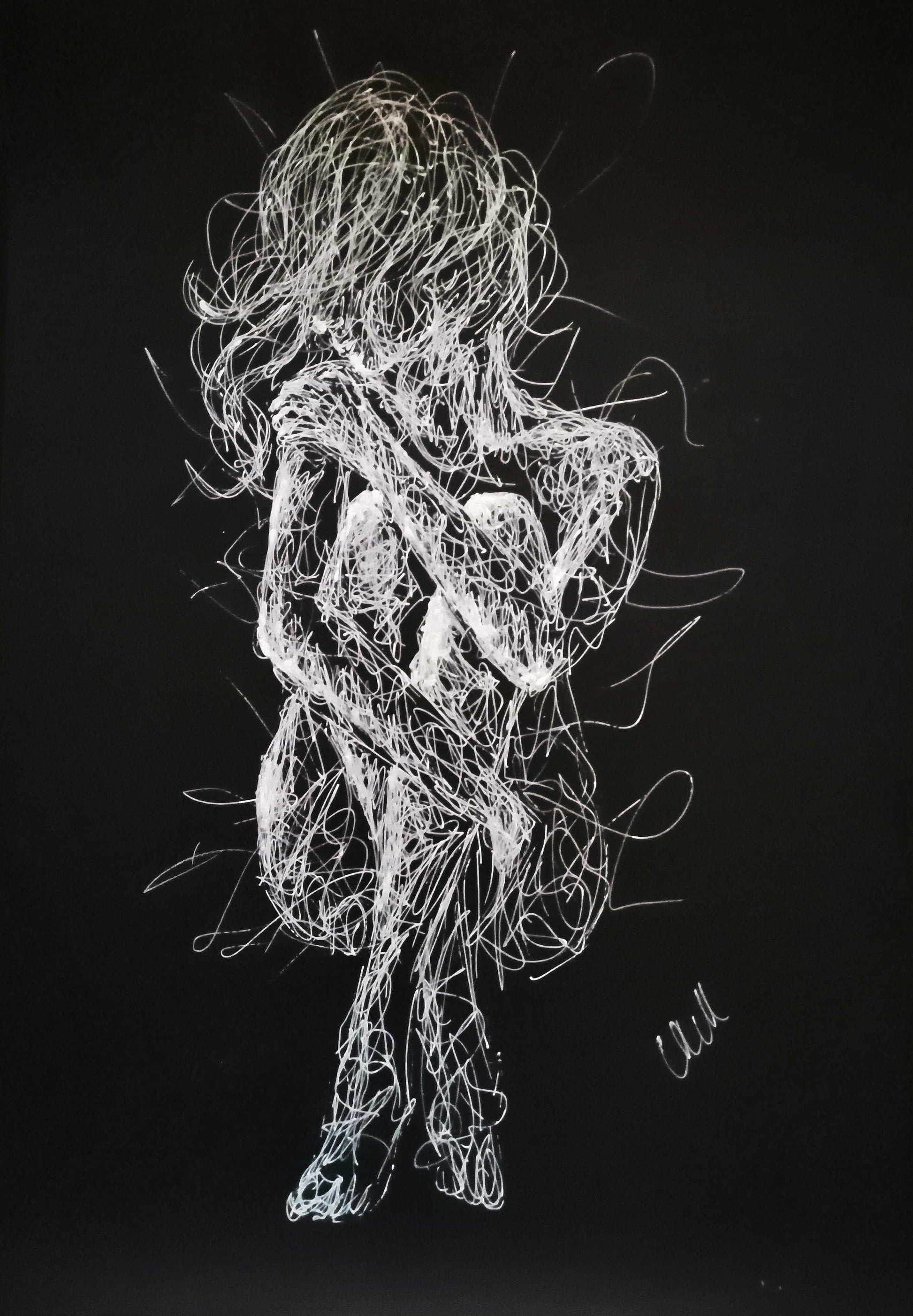 Black and White Sensual Line Drawing – Original Erotic Minimalist Art

Elevate your space with this captivating black and white line drawing, a stunning piece of original sensual art. Striking the perfect balance between elegance and intimacy.

This modern erotic painting is both sexy and subtle, making it an ideal choice for bedroom decor or sophisticated bathroom wall art.

This nude female figure is delicately created with a white pen on black art paper, showcasing graceful lines.