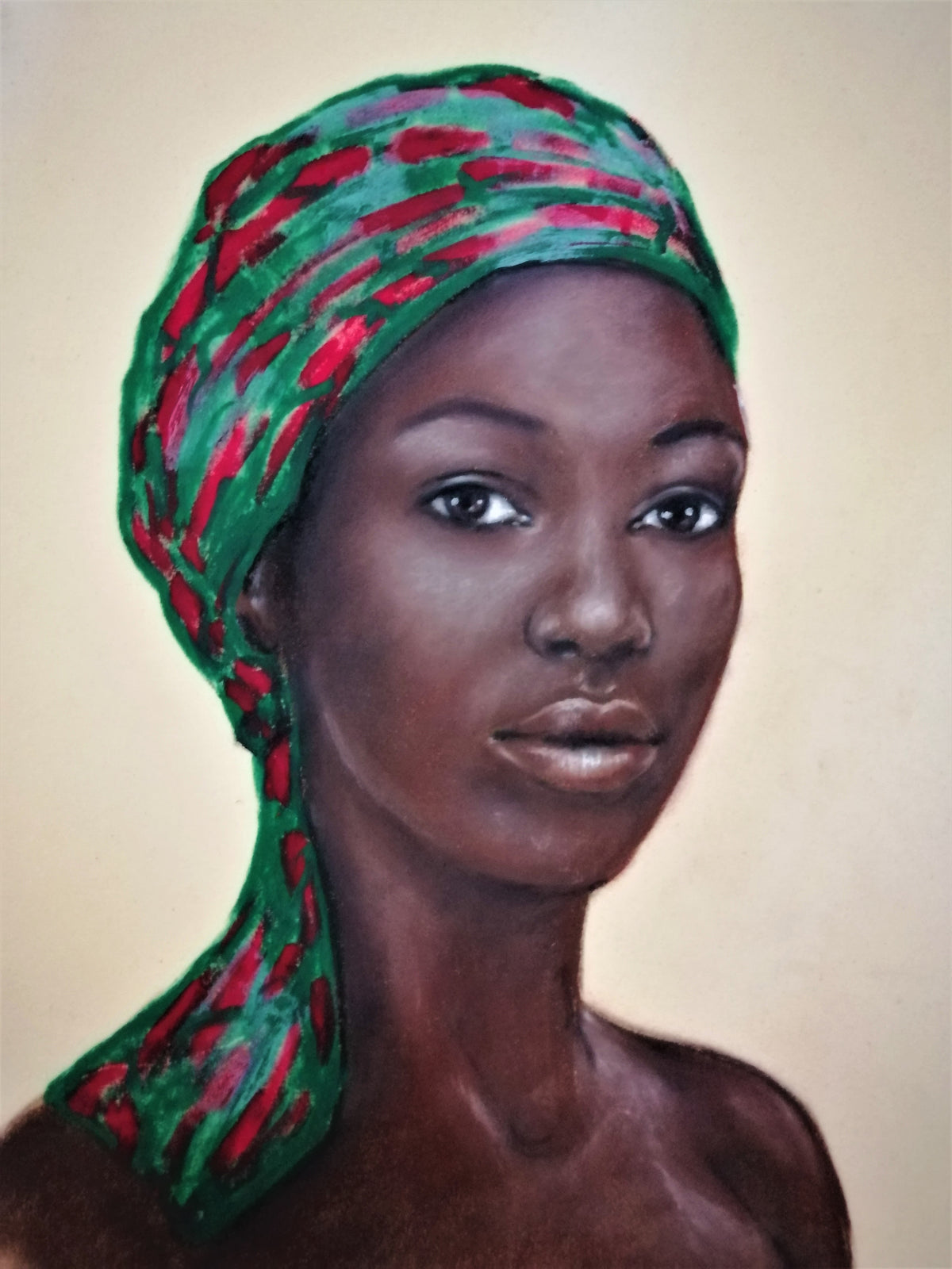 Artistic painting of a woman wearing a green and red patterned headscarf on a beige background