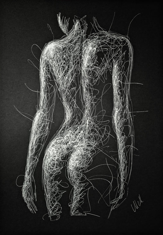 Black and White Sensual Line Drawing – Original Erotic Minimalist Art

Elevate your space with this captivating black and white line drawing, a stunning piece of original sensual art. Striking the perfect balance between elegance and intimacy.

This modern erotic painting is both sexy and subtle, making it an ideal choice for bedroom decor or sophisticated bathroom wall art.

This nude female figure is delicately created with a white pen on black art paper, showcasing graceful lines.