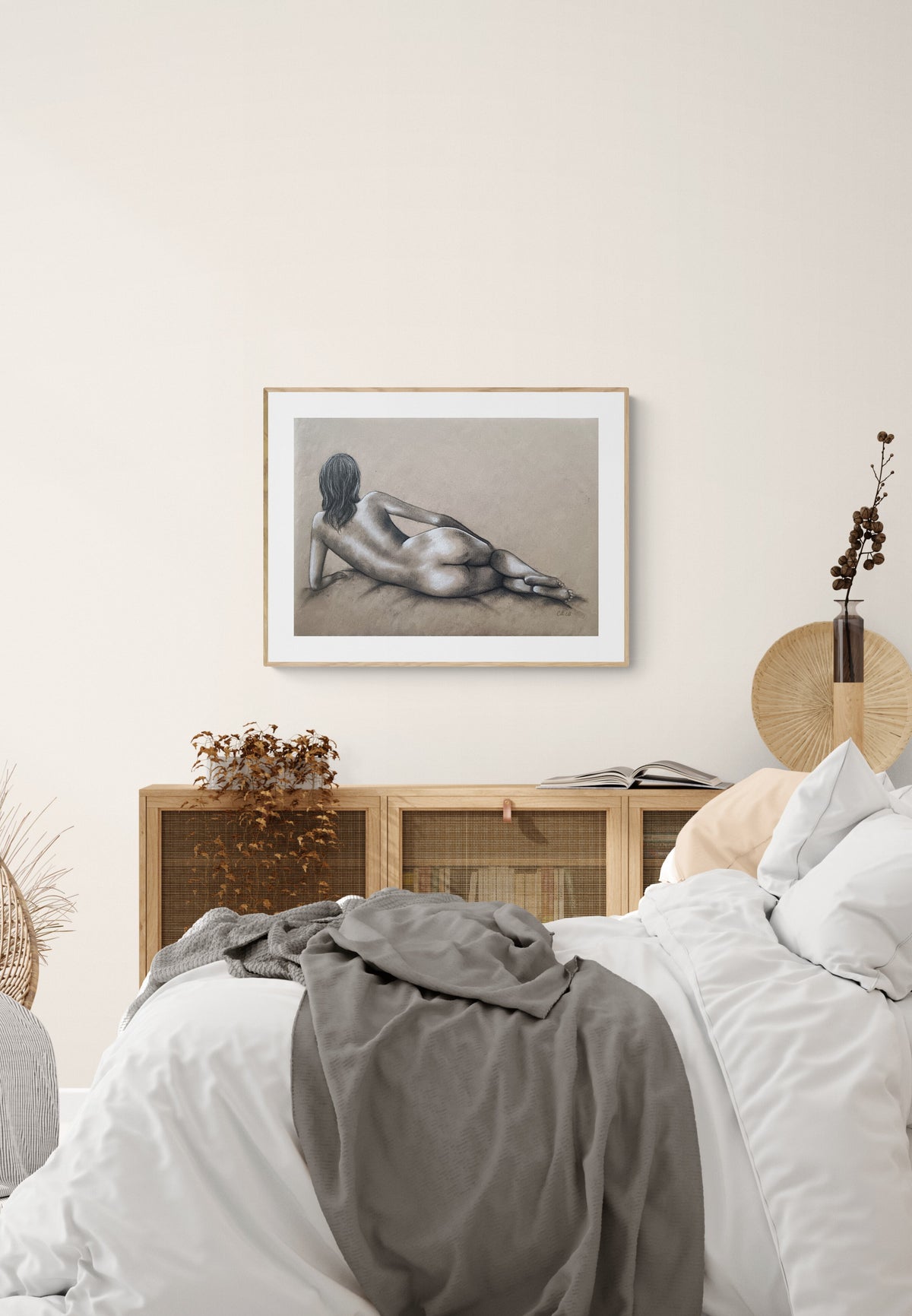 Charcoal female figure drawaing - bedroom above bed painting