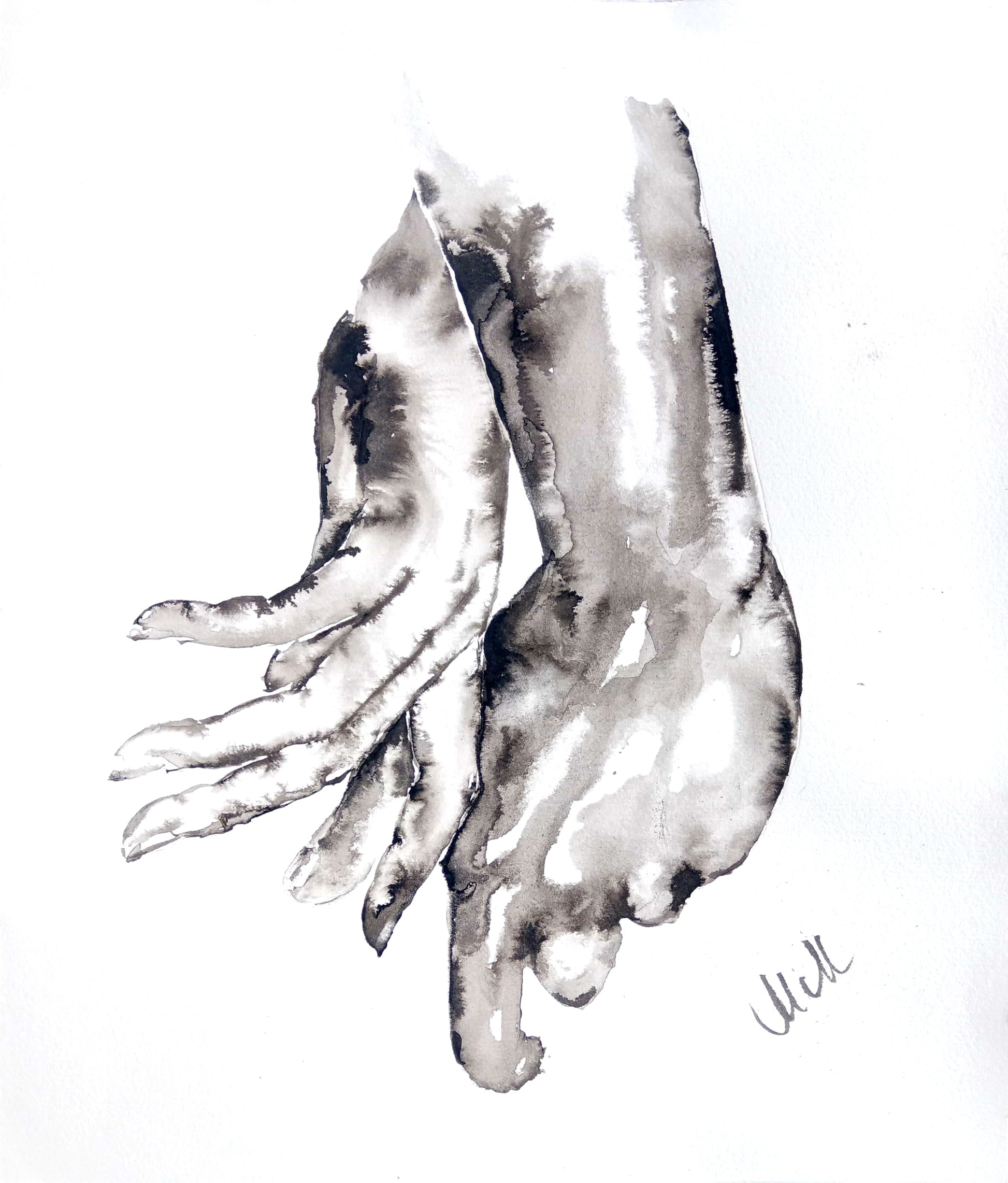 Black and white abstract art of two hands on a white background