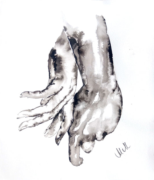 Black and white abstract art of two hands on a white background