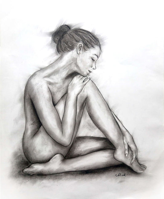 Pencil drawing of a nude woman sitting with her legs crossed on a light background