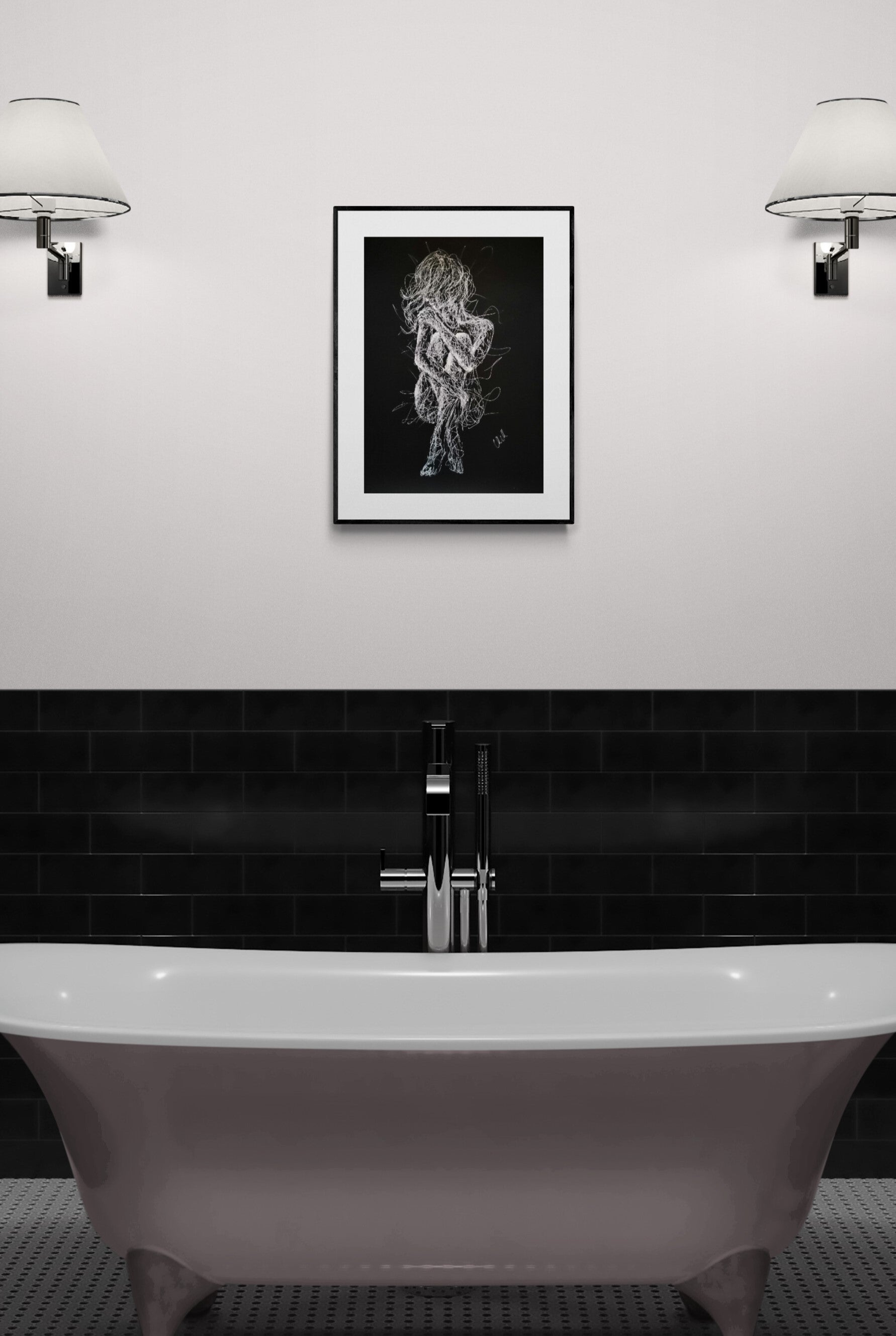 Black and White Sensual Line Drawing – Original Erotic Minimalist Art

Elevate your space with this captivating black and white line drawing, a stunning piece of original sensual art. Striking the perfect balance between elegance and intimacy.

This modern erotic painting is both sexy and subtle, making it an ideal choice for bedroom decor or sophisticated bathroom wall art.

This nude female figure is delicately created with a white pen on black art paper, showcasing graceful lines.
