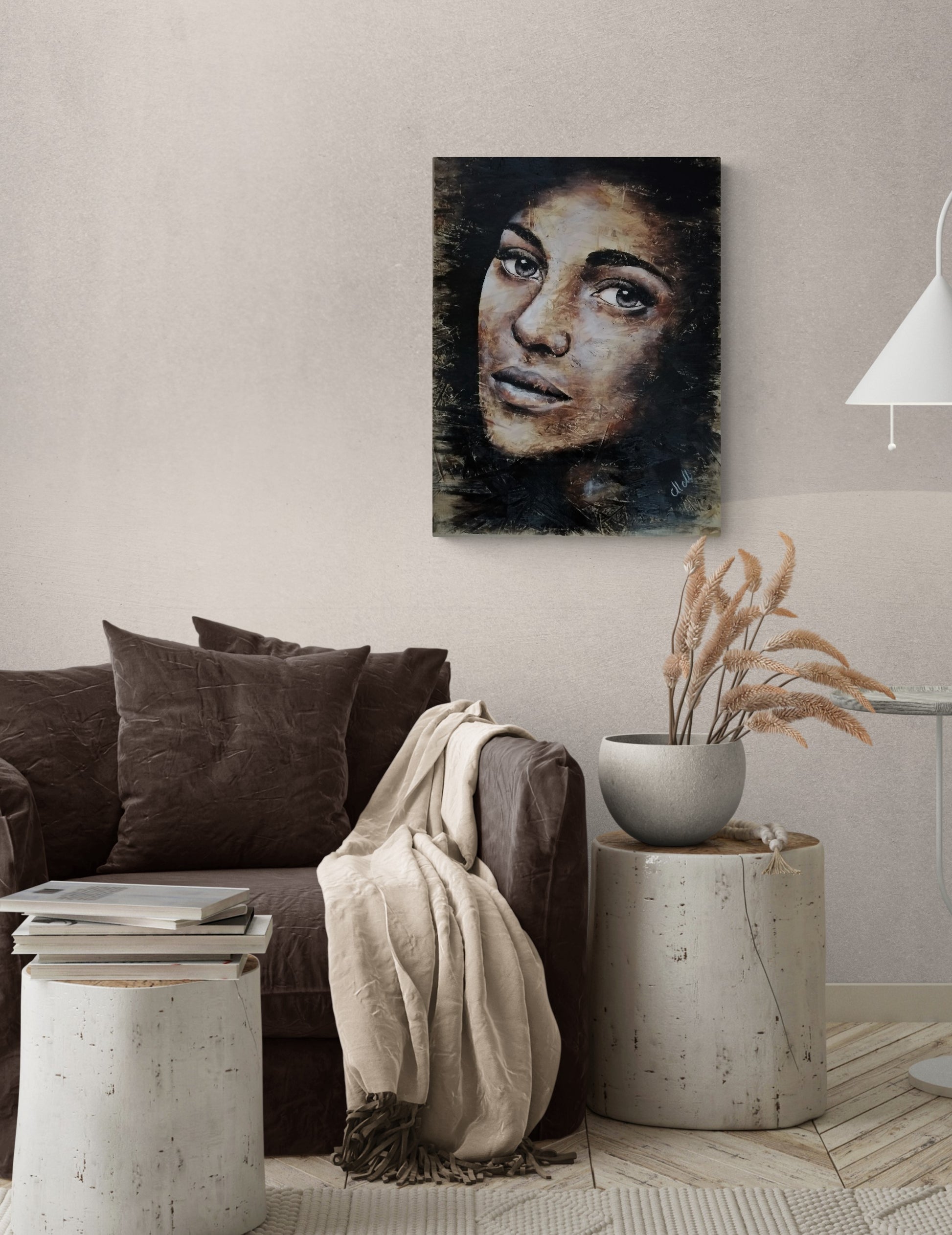 This handmade portrait painting of a woman on wood blends rustic charm with modern aesthetics.

The acrylic portrait, painted on a recycled wood, brings warmth and character to any space.

Beautiful face of a woman is perfect as a statement decor for your living room or as a thoughtful gift for someone special.

Face painting size: 47 cm x 61 cm (18" x 24")

It comes ready to hang, adding an artistic touch to your modern home wall decoration.