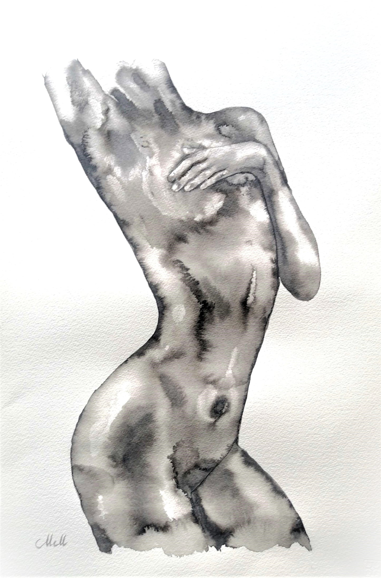 Black and white drawing of a nude figure with one hand covering the face on a light gray background