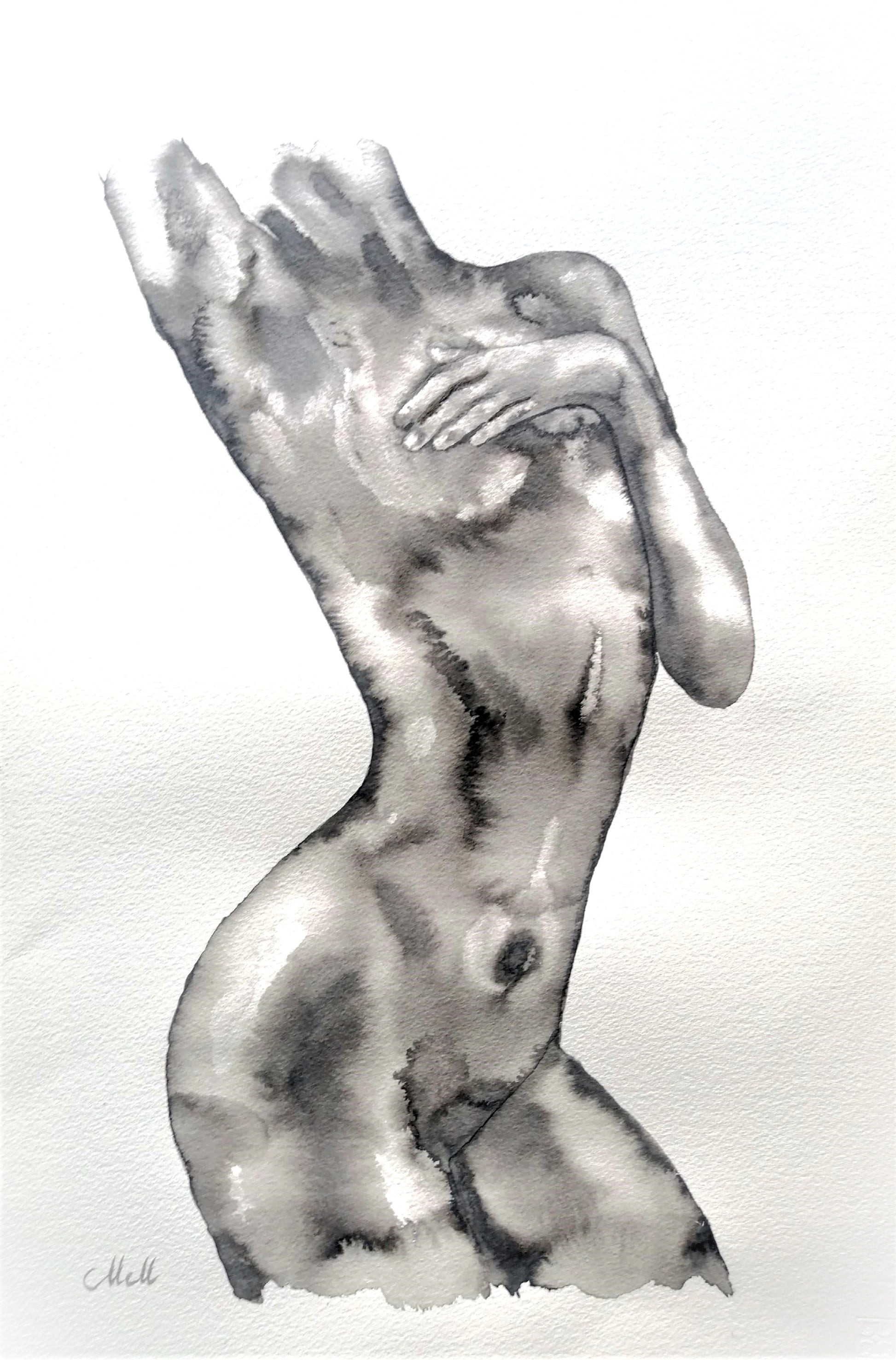 Black and white drawing of a nude figure with one hand covering the face on a light gray background