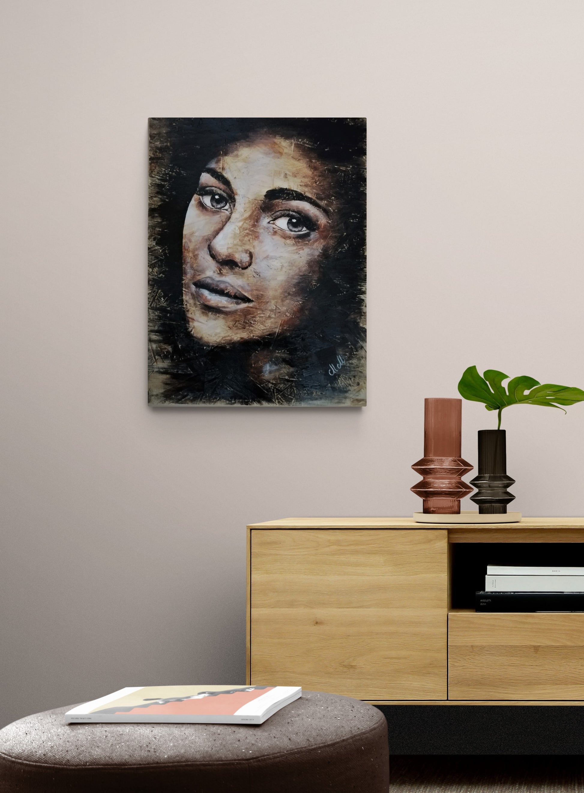 This handmade portrait painting of a woman on wood blends rustic charm with modern aesthetics.

The acrylic portrait, painted on a recycled wood, brings warmth and character to any space.

Beautiful face of a woman is perfect as a statement decor for your living room or as a thoughtful gift for someone special.

Face painting size: 47 cm x 61 cm (18" x 24")

It comes ready to hang, adding an artistic touch to your modern home wall decoration.