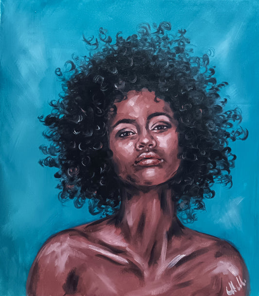 Hand-Painted oil portrait painting – Original Female Portraiture

This hand-painted Afro passion art is a stunning piece of female portraiture, celebrating strength, beauty, and culture.

Created with high-quality&nbsp;oil colors on loose canvas, this African Woman Art&nbsp;is a captivating statement piece.

Size: 35 cm x 40 cm (14" x 16")
Canvas is not stretched.

