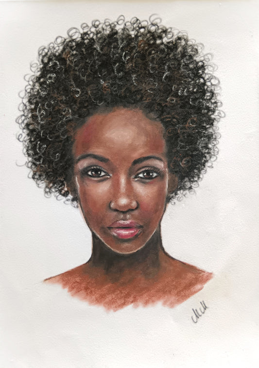 Artistic portrait of a person with an afro on a white background
