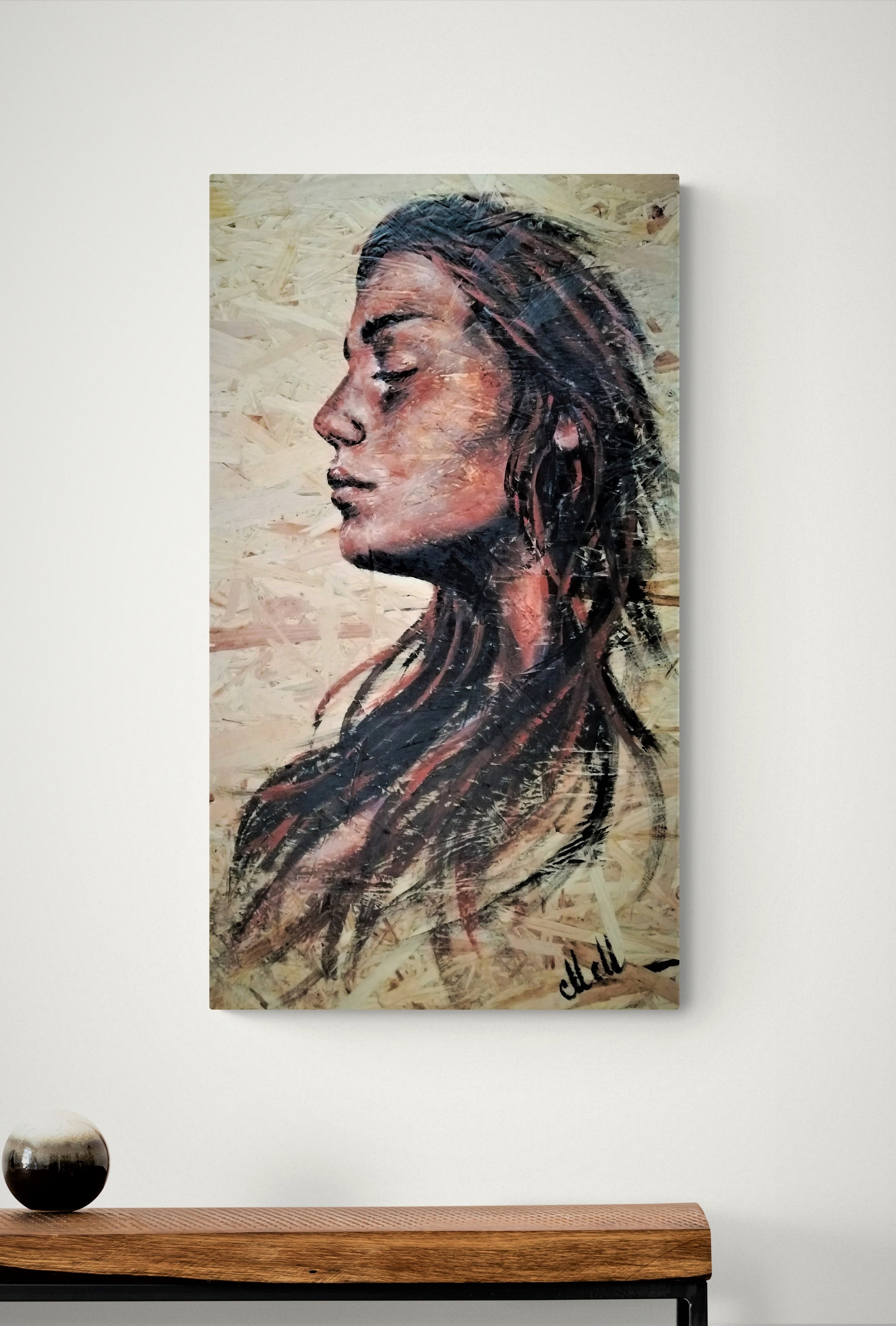 Acrylic Portrait on Wood – A Unique Blend of Art & Nature

This&nbsp;one-of-a-kind acrylic portrait painting on wood brings warmth, texture, and character to your home.

Hand-painted on a reclaimed OSB wood panel, this piece embraces the beauty of imperfection, turning recycled materials into elegant modern wall art.

The expressive face profile of a woman is captured with rich acrylic tones, creating a timeless and soulful presence.