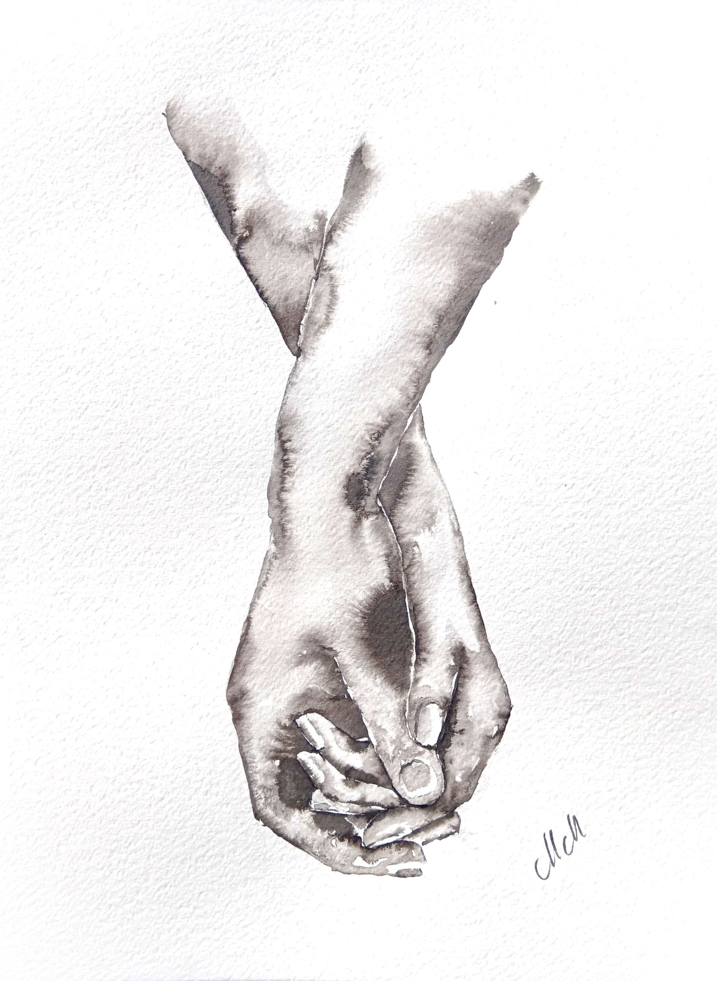 Pencil drawing of two hands holding each other on a white background