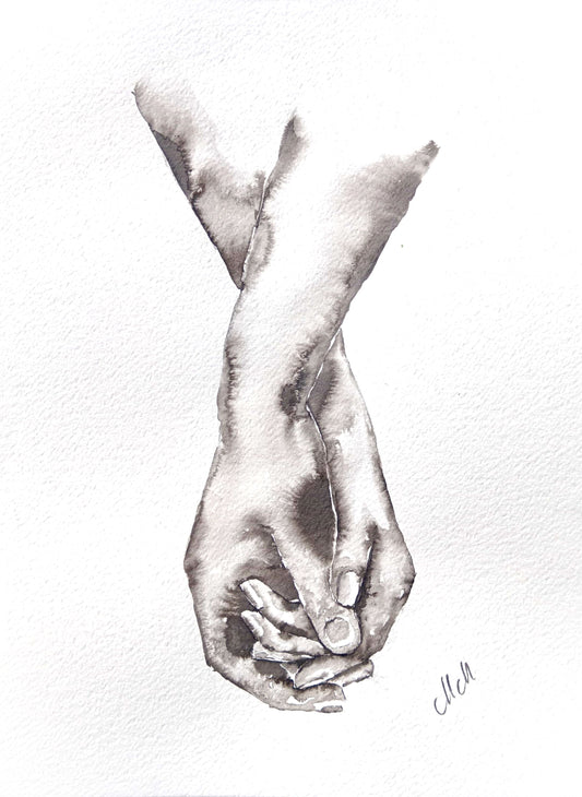 Pencil drawing of two hands holding each other on a white background