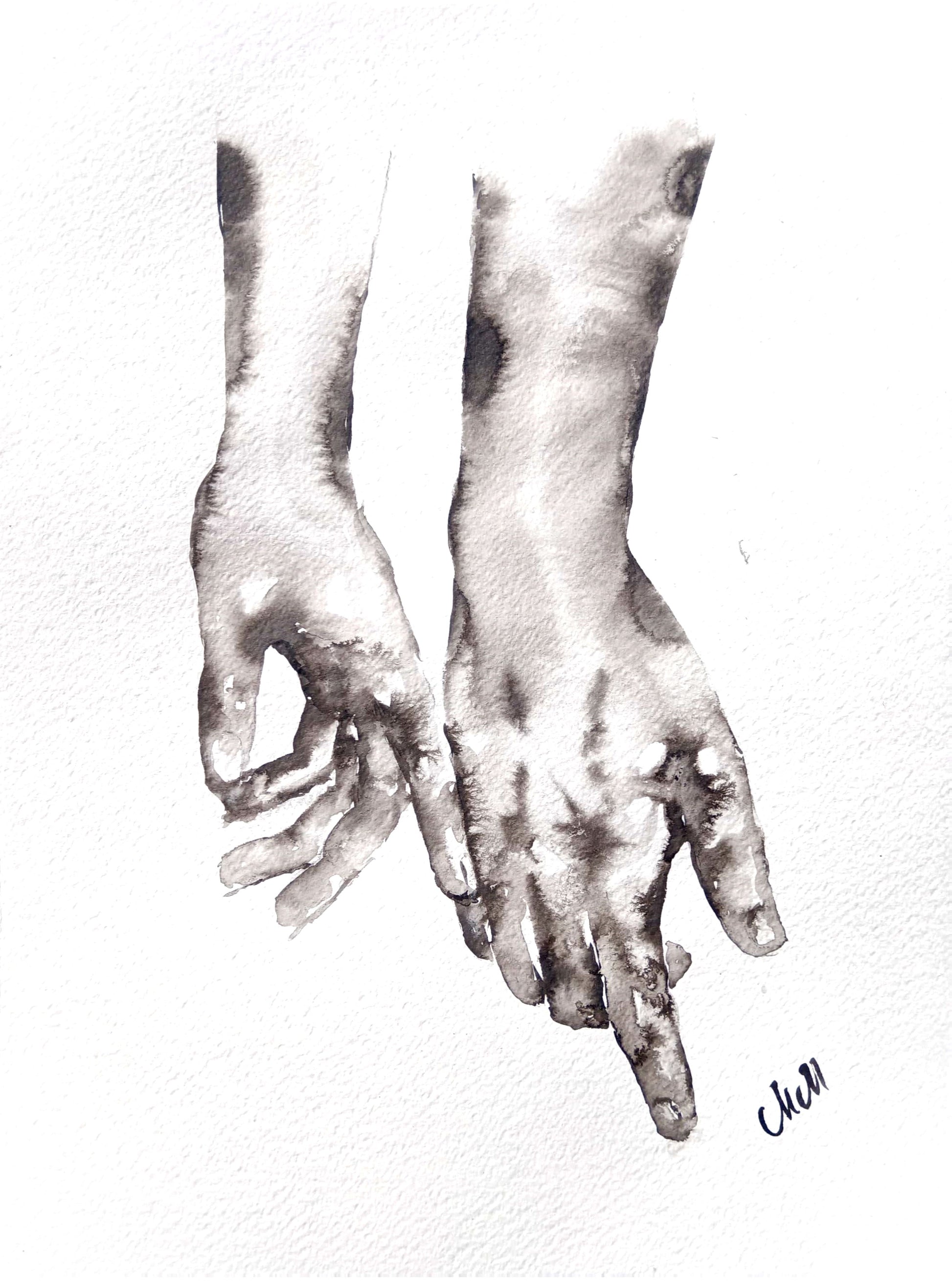 Black and white illustration of two hands holding each other on a light gray background