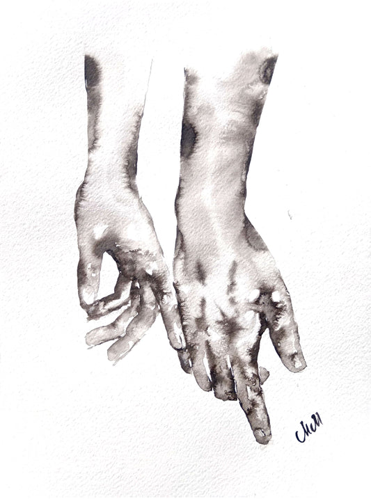 Black and white illustration of two hands holding each other on a light gray background