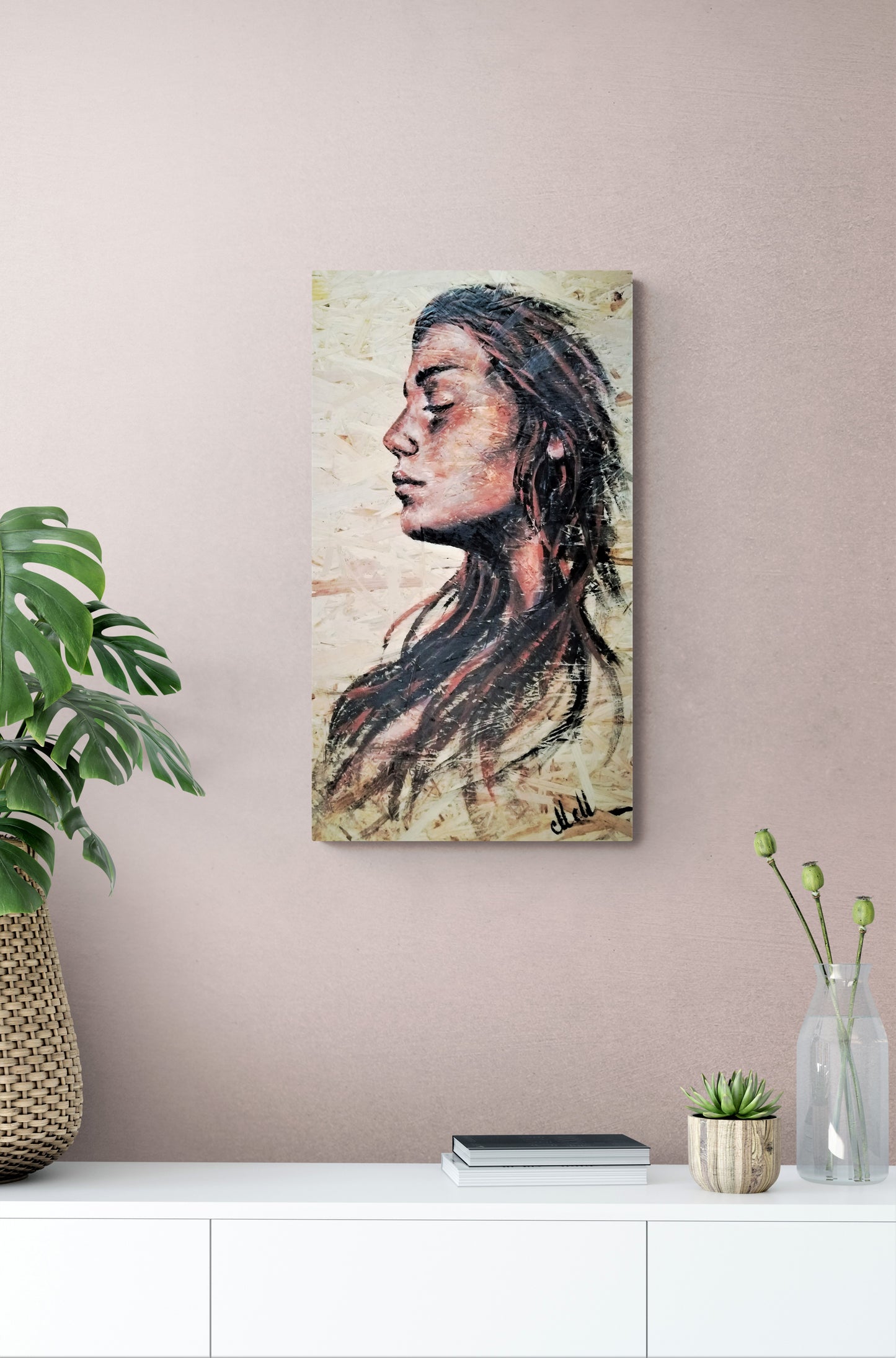 Acrylic Portrait on Wood – A Unique Blend of Art & Nature

This&nbsp;one-of-a-kind acrylic portrait painting on wood brings warmth, texture, and character to your home.

Hand-painted on a reclaimed OSB wood panel, this piece embraces the beauty of imperfection, turning recycled materials into elegant modern wall art.

The expressive face profile of a woman is captured with rich acrylic tones, creating a timeless and soulful presence.