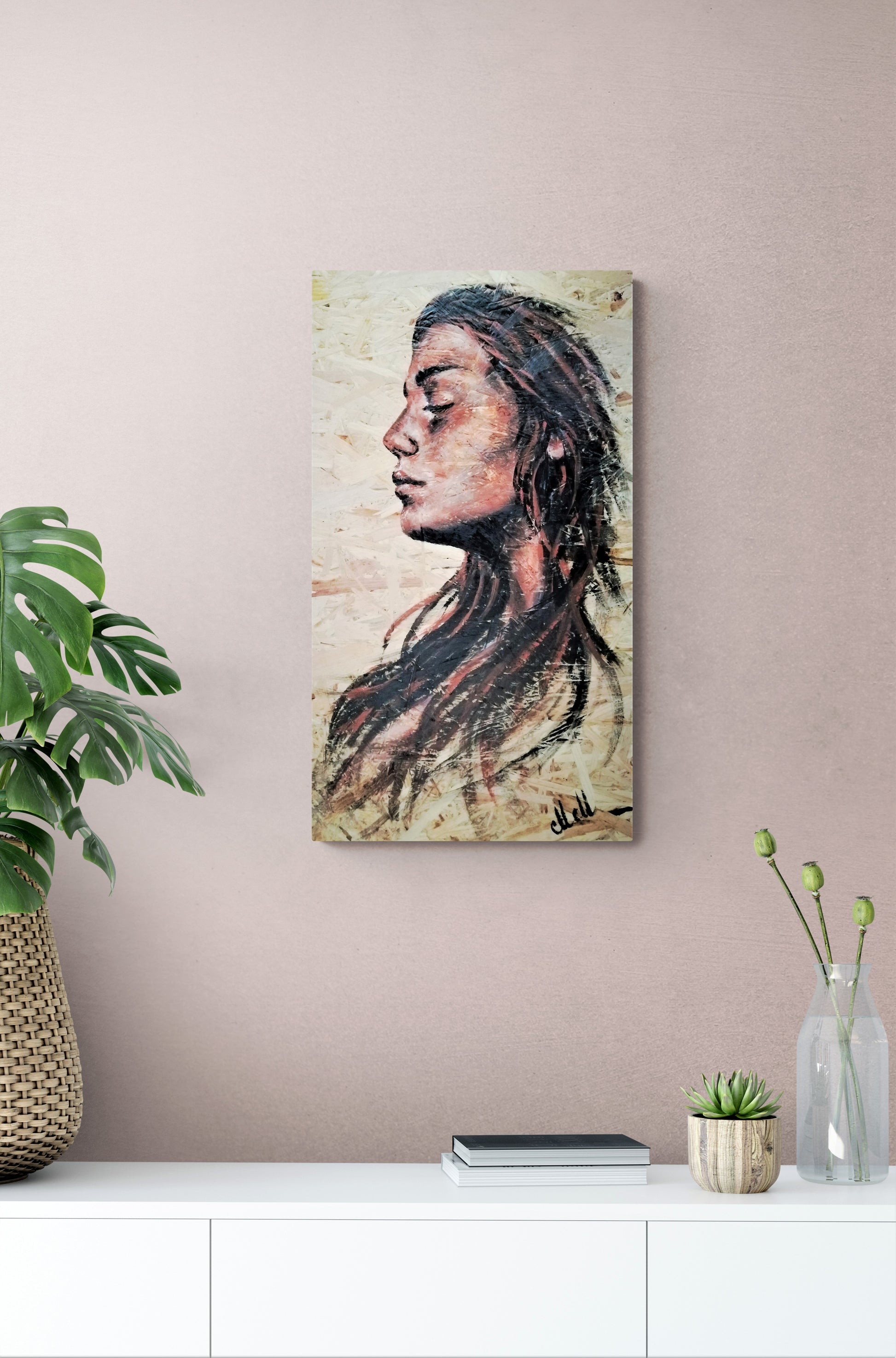 Acrylic Portrait on Wood – A Unique Blend of Art & Nature

This&nbsp;one-of-a-kind acrylic portrait painting on wood brings warmth, texture, and character to your home.

Hand-painted on a reclaimed OSB wood panel, this piece embraces the beauty of imperfection, turning recycled materials into elegant modern wall art.

The expressive face profile of a woman is captured with rich acrylic tones, creating a timeless and soulful presence.