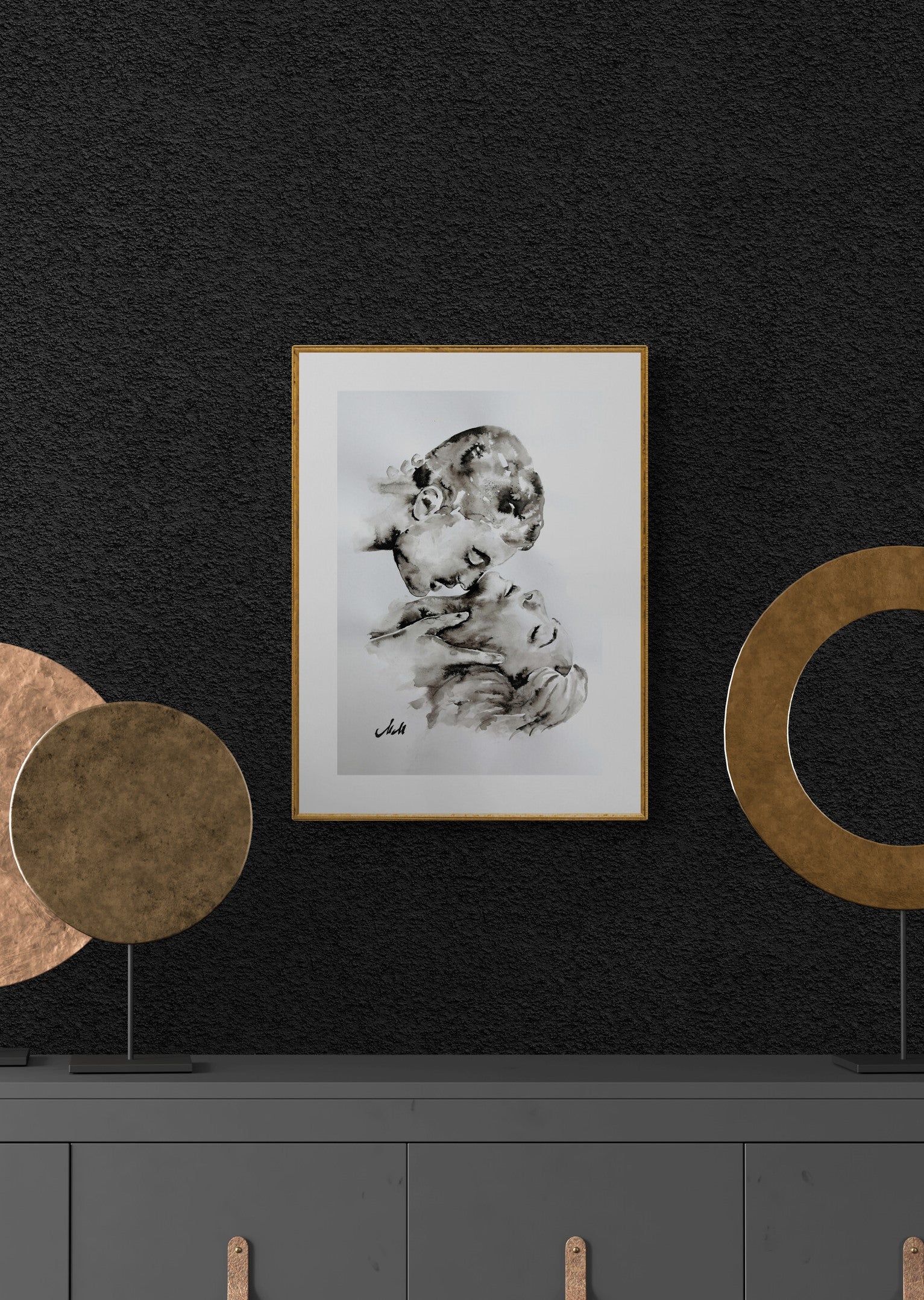 This Love wall art is black and white Nordic wall art.
Original watercolor kiss painting - simple ink painting is perfect couple gift or beautiful bedroom wall art - above bed art.

Home wall decor is made on natural white, matte, heavy art paper with high quality water colors.