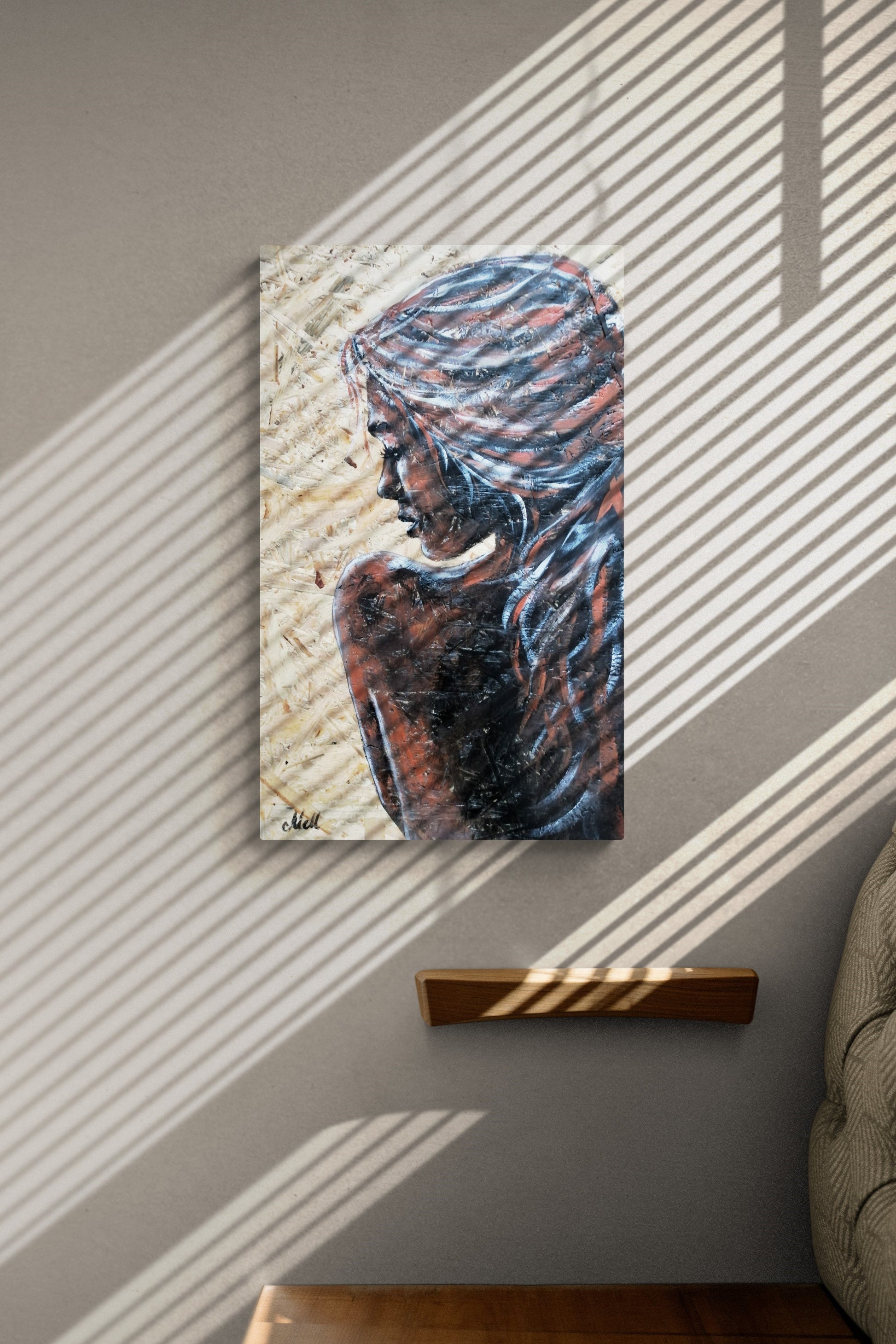 This delicate profile portrait of a woman, painted on a natural wood panel, blends rustic charm with artistic elegance.

The warmth of the wood grain enhances the expressive acrylic brushstrokes, making this piece a truly unique and soulful addition to your home.

Perfect for a cozy bedroom setting or as a statement piece in any space, this one-of-a-kind artwork brings both nature and creativity into your decor.