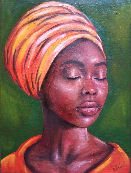 African woman - eyes closed - original oil portrait painting