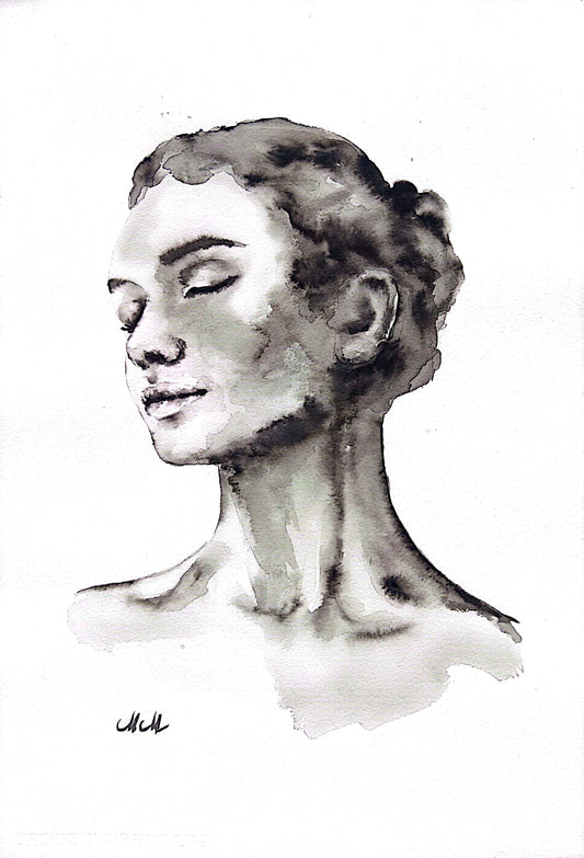 In Love Ink Portrait Painting – Original Black and White Female Profile Art

This captivating female portrait is a handmade drawing that beautifully embodies the essence of femininity in a refined minimalist style.

Made with a delicate play of black ink and watercolors, the female profile exudes both grace and strength, making it a timeless statement piece for any space.

This minimalist woman’s portrait is simple yet impactful, showcasing the elegance that emerges from just water and a hint of black.